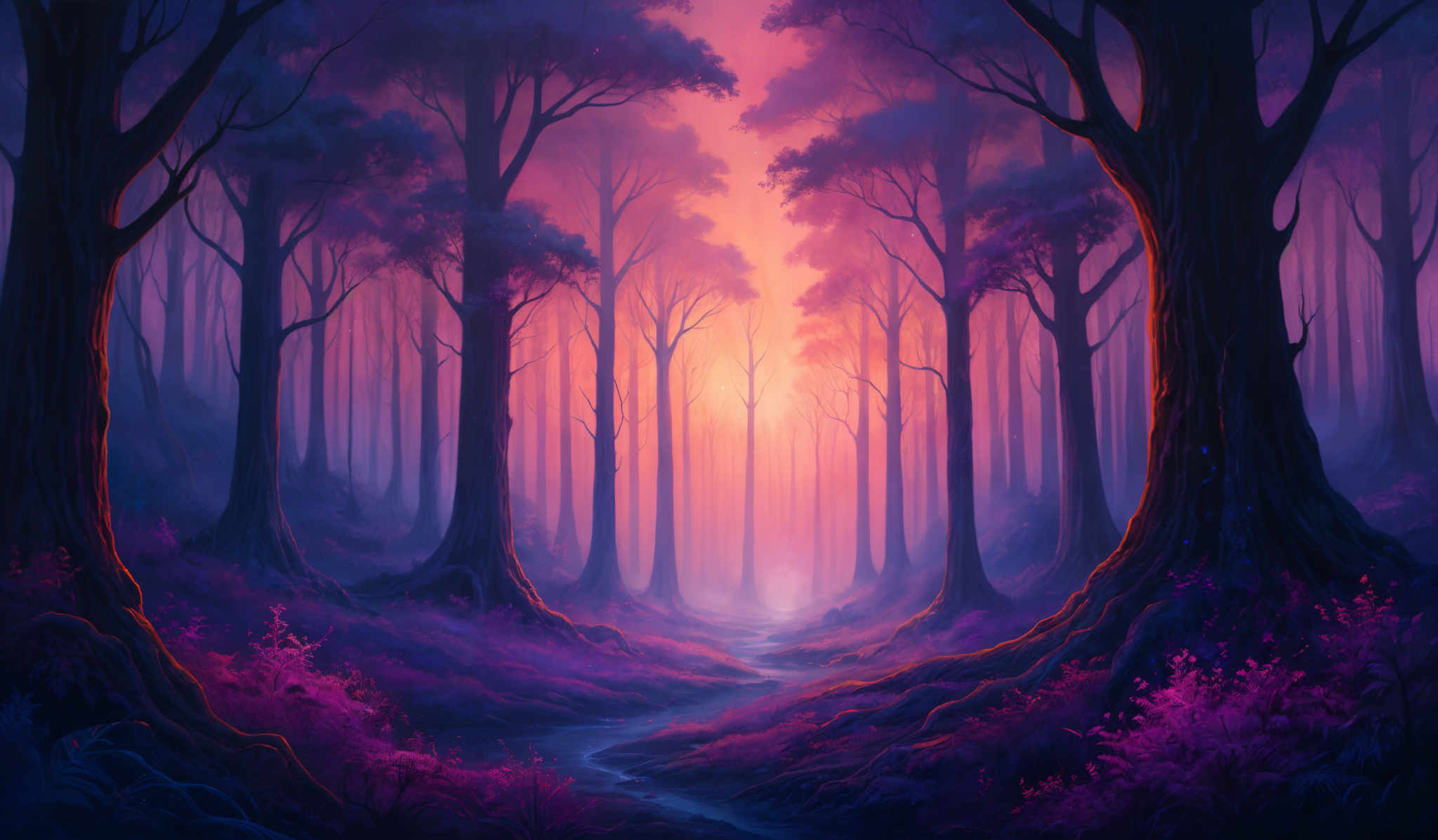 The image showcases a vibrant and surreal forest scene. The dominant colors are shades of purple, pink, and orange, creating a dreamy and ethereal atmosphere. The trees are tall and slender, with their trunks prominently displayed. The ground is covered in a mix of purplish-pink foliage and patches of blue, possibly representing a stream or a pathway. The light filtering through the trees gives a warm, golden hue to the scene, contrasting with the cooler colors of the forest floor.