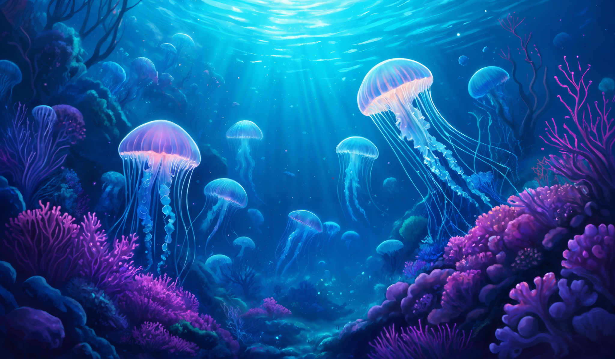 The image showcases an underwater scene with vibrant colors. Dominating the scene are jellyfish, which are translucent with a luminescent glow. They float gracefully in the water, their long tentacles trailing behind. The water is a deep blue, with rays of light filtering down from the surface, creating a shimmering effect. The seabed is adorned with various types of corals in shades of purple, pink, and green. There are also some smaller marine creatures and plants scattered throughout the scene.