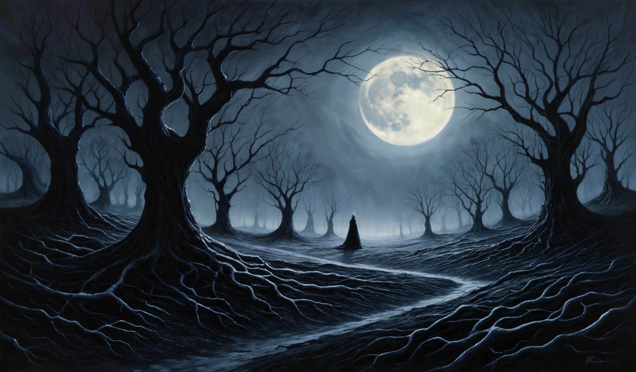 The image predominantly features shades of blue and gray, creating a cold and eerie atmosphere. The shape of the trees is twisted and gnarled, with their branches reaching out in various directions. The ground is covered with intricate patterns of roots that seem to twist and turn, almost like they are alive. In the background, there's a large, glowing moon that illuminates the scene, casting a soft light on the landscape. A solitary figure, possibly a person, stands in the distance, adding a sense of scale and mystery to the scene.