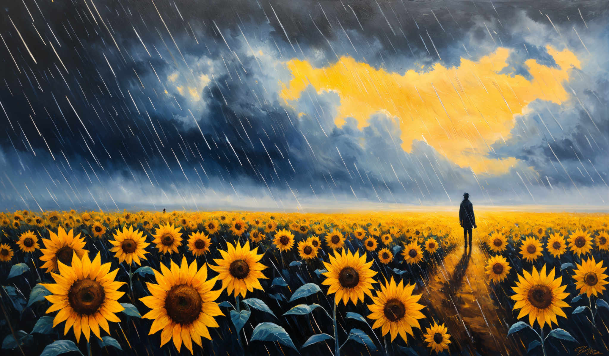 The image showcases a vast field of sunflowers under a stormy sky. The sunflower heads are bright yellow with dark brown centers, and their green leaves are visible. The sky is dominated by dark, heavy clouds with streaks of rain falling down. There's a lone figure, possibly a person, walking through the sunflowering field, casting a long shadow on the ground. The overall mood of the image is a mix of serenity from the sun flowers and melancholy from the stormy backdrop.