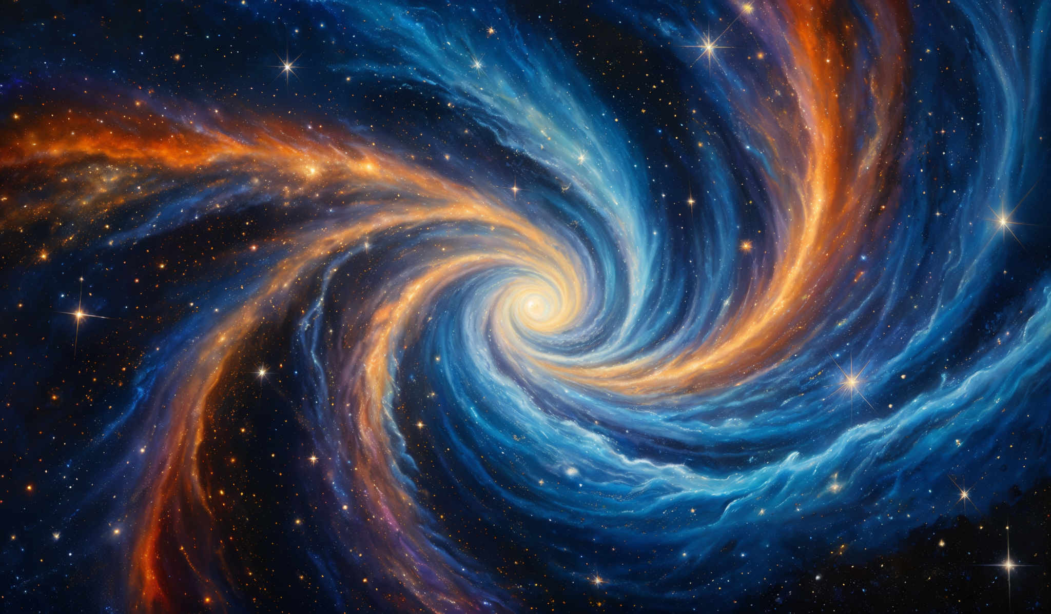 The image showcases a mesmerizing cosmic scene with swirling galaxies and nebulae. Dominating the center is a spiraling galaxy with a bright, glowing core. Surrounding this central galaxy are vibrant hues of blue, orange, and purple, representing the vast expanse of space filled with stars, gas, and dust. The swirled patterns and vivid colors give a sense of movement and dynamism to the universe.