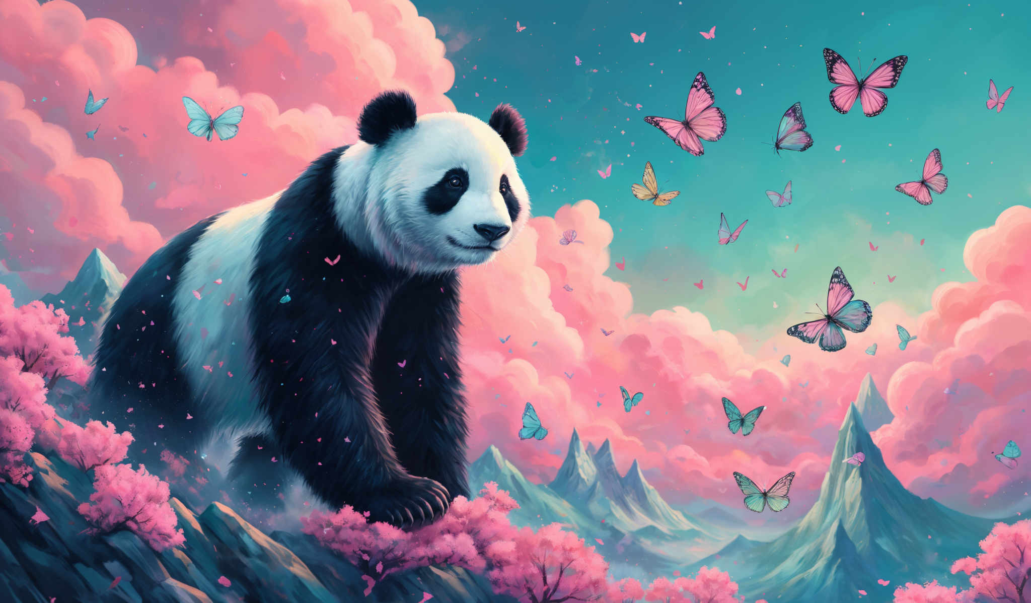 The image showcases a vibrant and colorful scene. The dominant colors are shades of pink, blue, and green. The panda, which is black and white, stands prominently in the center, surrounded by pink blossoming trees. The sky is painted in shades blue and pink with fluffy clouds. There are numerous butterflies fluttering around, showcasing various shades like pink and blue. The background features a series of mountain ranges, and the entire scene exudes a dreamy and magical ambiance.