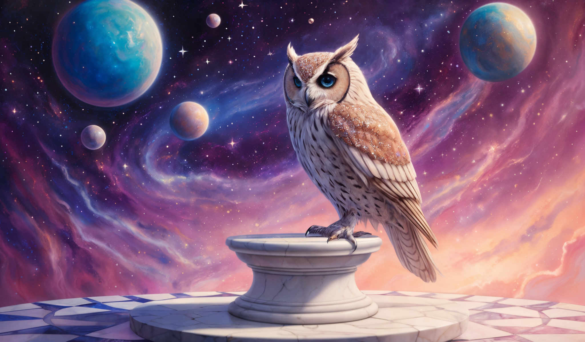 The image showcases a vibrant cosmic background with swirling nebulae in hues of purple, pink, and blue. There are multiple celestial bodies, including planets and moons, of varying sizes and colors. Dominating the foreground is a majestic owl with intricate feather details, perched on a white pedestal. The owl has piercing blue eyes and is adorned with sparkling speckles on its feathers. The pedestals on which the owl stands are made of white marble and are placed on a checkered floor.