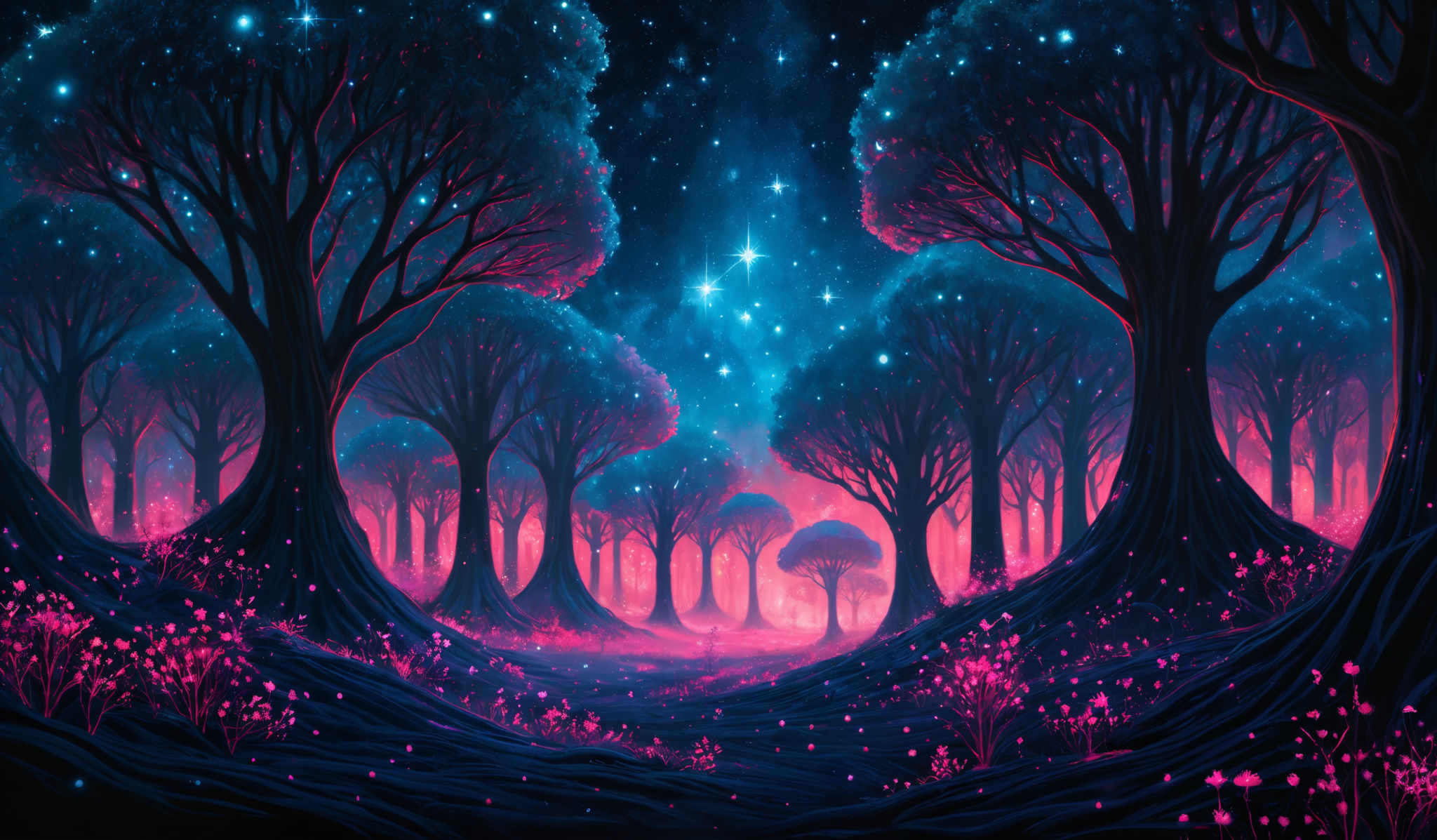 The image showcases a vibrant and mystical forest scene. The dominant colors are shades of blue, pink, and purple, creating a dreamy and ethereal atmosphere. The trees are tall and slender, with their trunks and branches intricately detailed. The ground is covered with a carpet of pink flowers, and the sky above is filled with shimmering stars. The overall impression is one of a magical, otherworldly forest bathed in the glow of the cosmos.