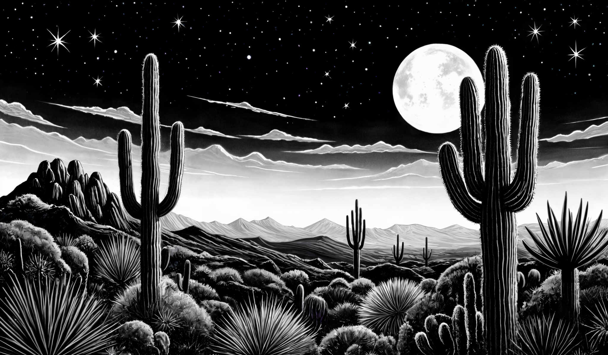 The image is a monochromatic depiction of a desert landscape at night. The sky is filled with stars, and there's a large, bright moon. The landscape features cacti, with the most prominent being the saguaro cactus. There are also other desert plants and shrubs scattered throughout. In the background, there are rolling hills and mountains. The entire scene is rendered in black and white, giving it a timeless and dramatic feel.