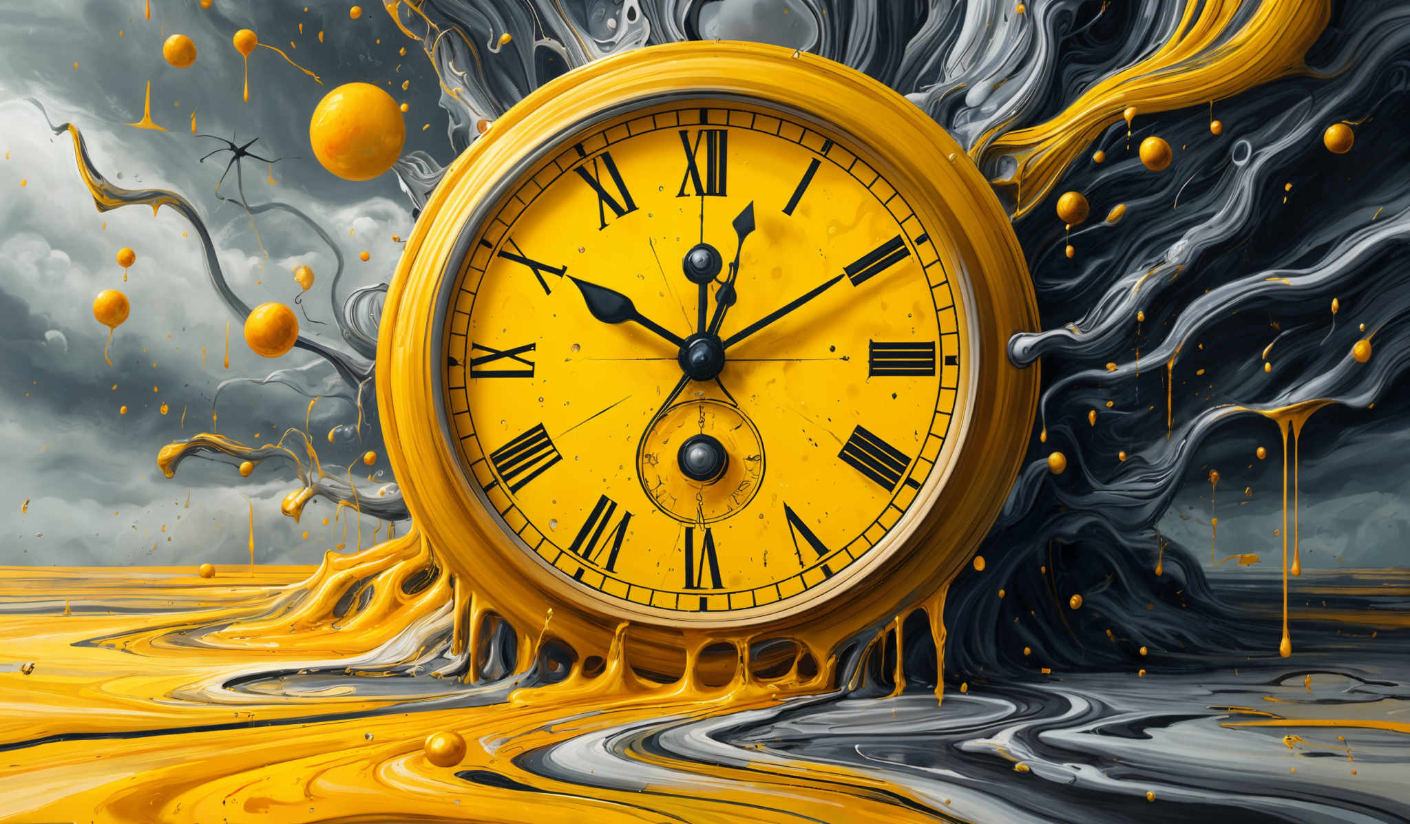 The image predominantly features a large, circular clock with a bright yellow face and black Roman numerals. The clock's hands are pointing at approximately 10:10. Surrounding the clock, there are swirling, grayish-black tendrils that seem to be melting or flowing. These tendrals have a fluid, wavy texture. The background is a mix of stormy gray clouds and a horizon that appears to be reflecting the sky. There are also several golden spheres floating around, and a small spider can be seen on one of the tendrills.