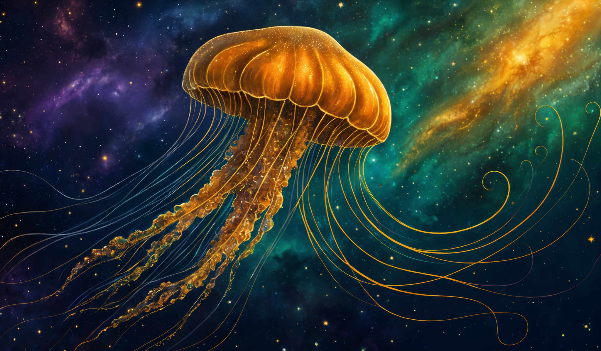 The image showcases a vibrant and mesmerizing depiction of a jellyfish floating against a cosmic backdrop. The jelly fish has an umbrella-shaped, translucent bell with a golden hue. Its tentacles are long, delicate, and have a similar golden color. The background is a deep space scene with a mix of purples, blues, and greens, interspersed with bright stars. There's also a nebula-like formation that emits a warm, golden glow, contrasting with the cooler colors of the surrounding space.