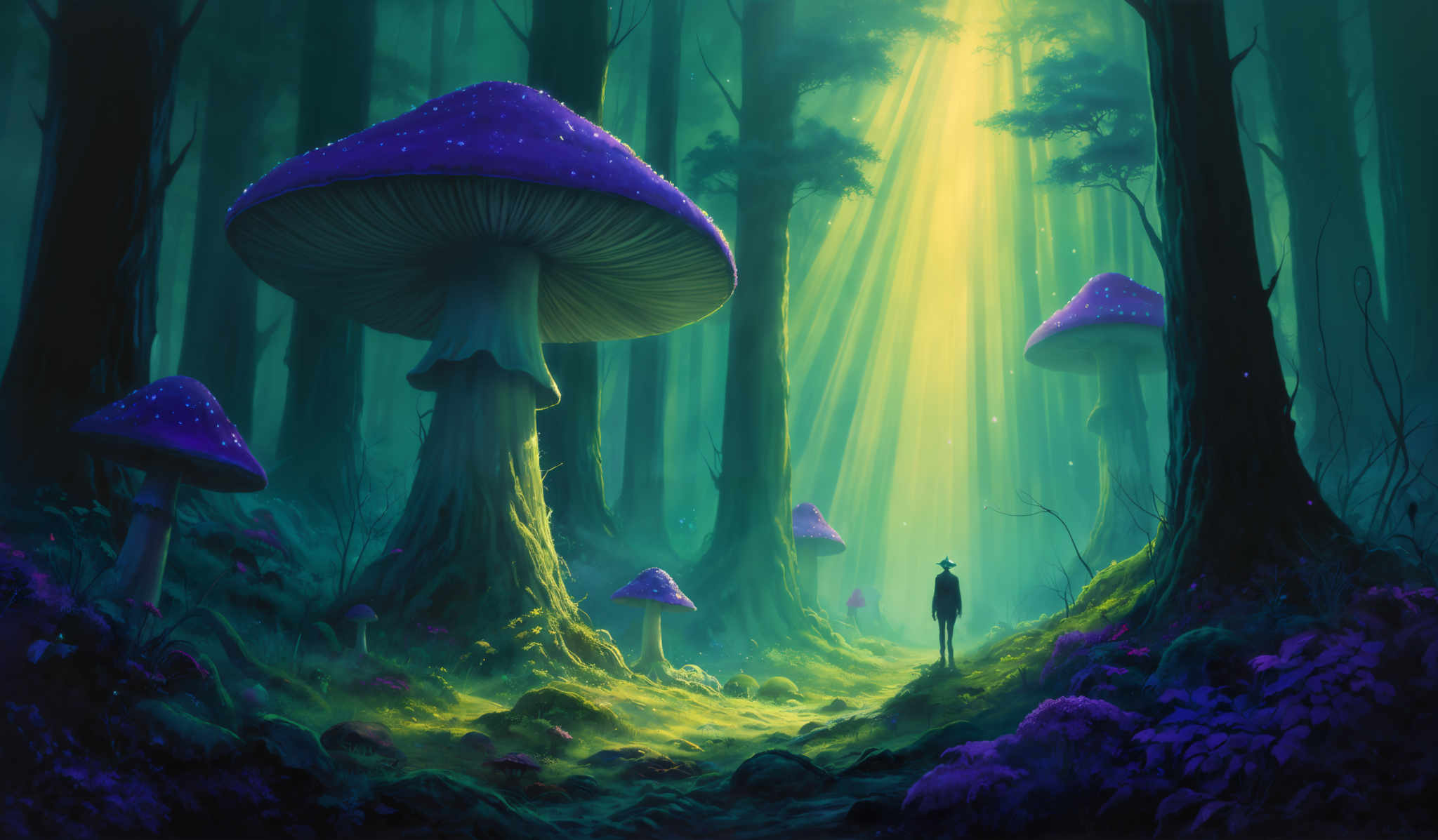 The image showcases a mystical forest with tall, slender trees. The forest floor is covered in vibrant green foliage, and there are large, vividly colored mushrooms with purple caps and spotted gills. The light filtering through the trees creates a serene, ethereal atmosphere, with rays of yellow and green illuminating the scene. A lone figure, possibly a person, stands in the distance, gazing up at the towering mushroom, adding a sense of scale and wonder to the scene, emphasizing the grandeur of the forest and the mushrooms.