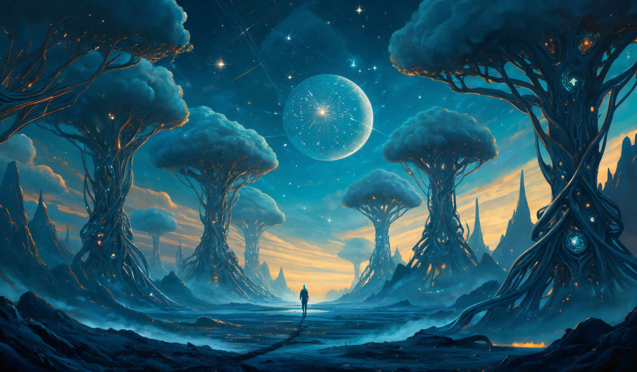 The image showcases a surreal landscape dominated by towering, tree-like structures that have a mushroom-like appearance. These structures are adorned with intricate patterns and glowing elements, suggesting a fusion of organic and technological elements. The sky is a deep blue, dotted with stars and a large celestial body that appears to be a planet or moon. The horizon reveals a fiery orange and yellow hue, possibly indicating a sunset or sunrise. A solitary figure stands in the foreground, gazing up at the magnificent vista, adding a sense of scale and wonder to the scene.