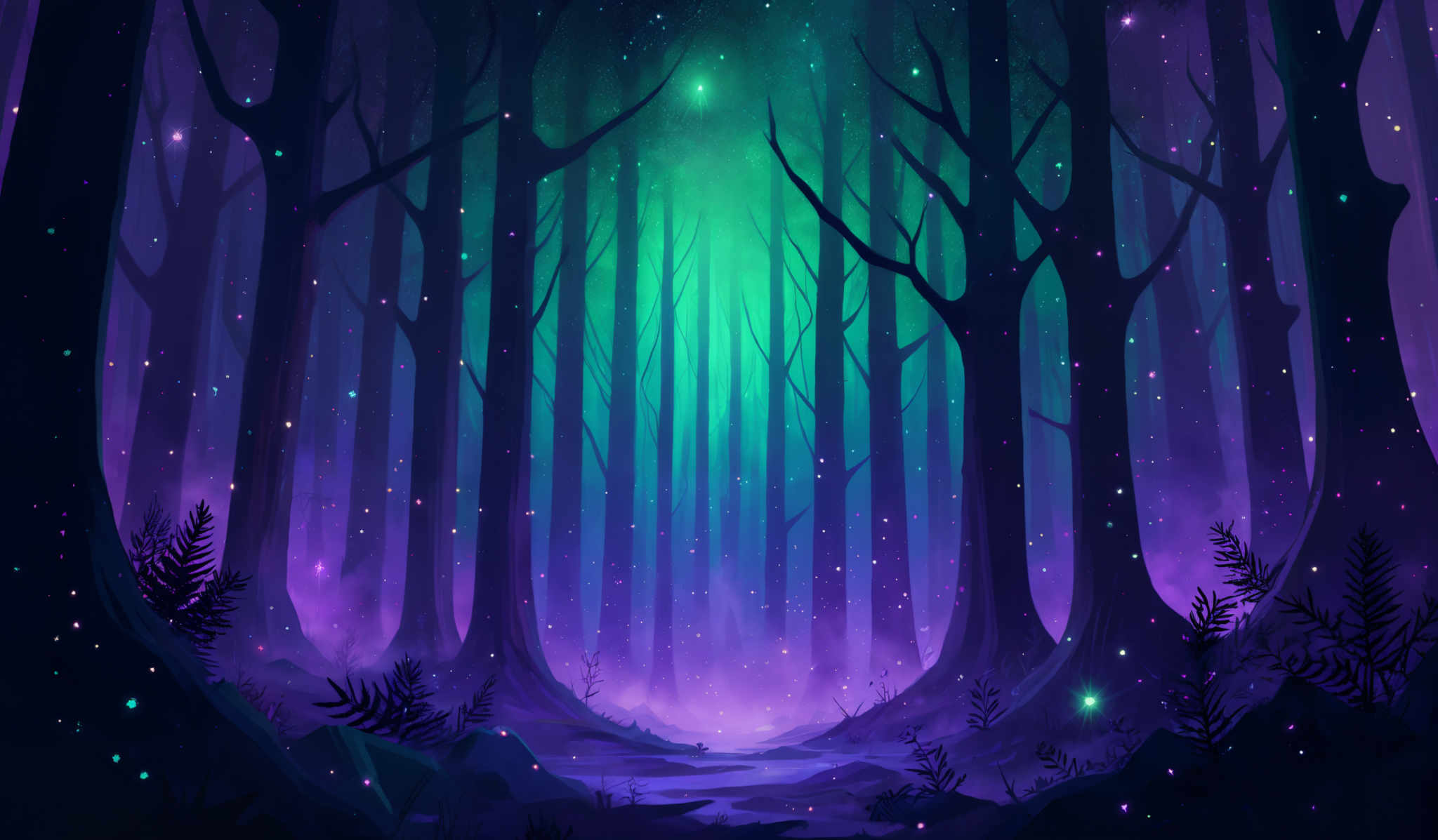 The image showcases a mystical forest with tall, slender trees that have an almost ethereal quality. The forest is bathed in a vibrant mix of purples, blues, and greens, creating a surreal and dreamy atmosphere. The ground is covered with ferns and other undergrowth, and there are numerous glowing dots scattered throughout, possibly representing fireflies or stars. A soft, luminescent light seems to emanate from the center, casting a gentle glow on the surroundings.