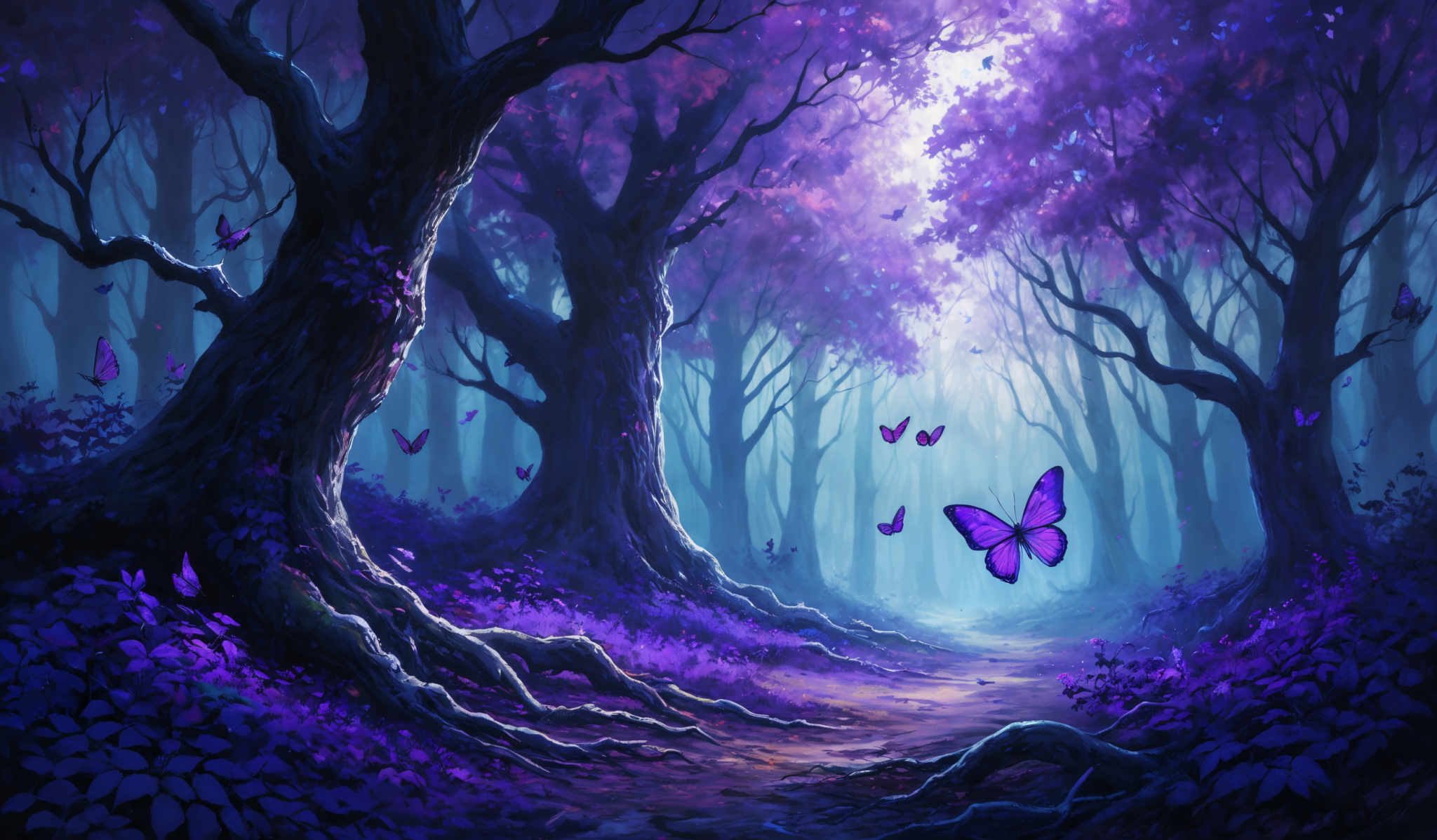 The image showcases a vibrant and mystical forest scene. The dominant colors are shades of purple, blue, and a hint of green. The trees have a twisted and gnarled appearance, with their branches reaching out in various directions. The ground is covered in a thick layer of purplish-blue flowers or foliage, creating a carpet-like effect. A few butterflies, predominantly in shades purple and blue, can be seen fluttering around, adding to the magical ambiance. The background reveals a misty pathway that leads deeper into the forest, illuminated by a soft, ethereal light.