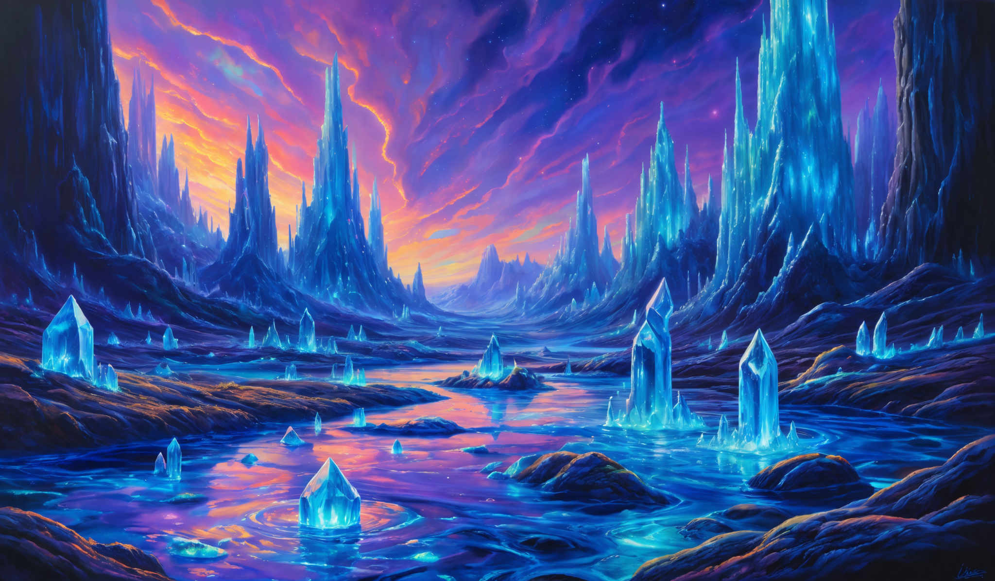 The image showcases a surreal landscape dominated by towering crystal formations that reach into the sky. These crystals are illuminated from within, casting a luminescent blue glow. The sky is painted in vibrant hues of purple, pink, and orange, suggesting either a sunrise or sunset. The terrain is rocky and uneven, with pools of water reflecting the crystalline structures. The overall ambiance is mystical and otherworldly.