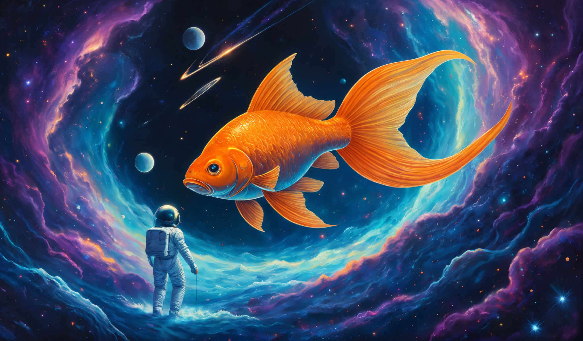 The image showcases a vibrant cosmic scene with deep purples, blues, and hints of pink and orange. Dominating the scene is a large, vividly colored goldfish, swimming gracefully amidst the stars and nebulae. To the right of the goldfish is an astronaut, standing on a rocky outcrop, gazing up at the massive fish. The astronaut is dressed in a white spacesuit with a helmet, and the backdrop is a mesmerizing mix of swirling galaxies, bright stars, and shooting stars.