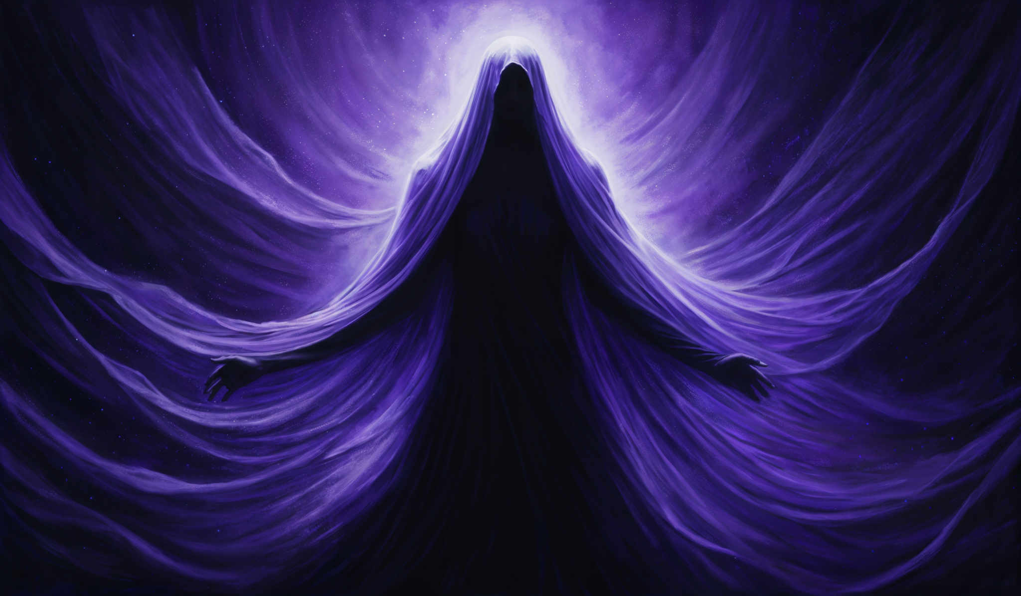 The image predominantly features shades of purple and blue. The central figure appears to be a silhouette of a cloaked or robed figure with its hands extended outward. The figure is surrounded by swirling patterns of purples and blues, giving an impression of movement or energy. The background is dark, with specks of stars, suggesting a night sky or cosmic setting.