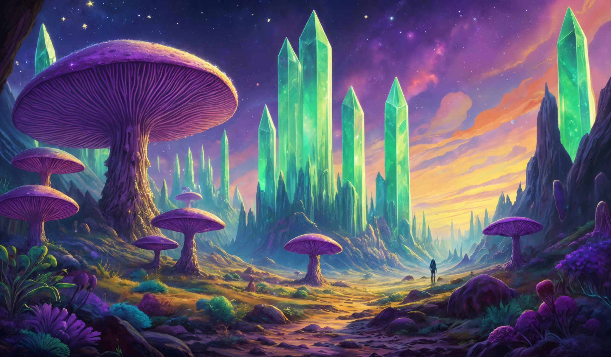 The image showcases a vibrant and surreal landscape. Dominating the scene are large, mushroom-like structures with a purple hue and intricate patterns on their caps. These mushrooms are surrounded by a variety of flora, including colorful flowers and ferns. In the background, there are tall, crystalline structures that glow in a green hue, standing amidst rugged terrains and cliffs. The sky is painted in hues of purple, pink, and orange, suggesting either a sunrise or sunset. Stars are also visible, adding to the otherworldly ambiance. On the right side, a lone figure stands, gazing at the landscape, providing a sense of scale to the enormous mushrooms and crystals.