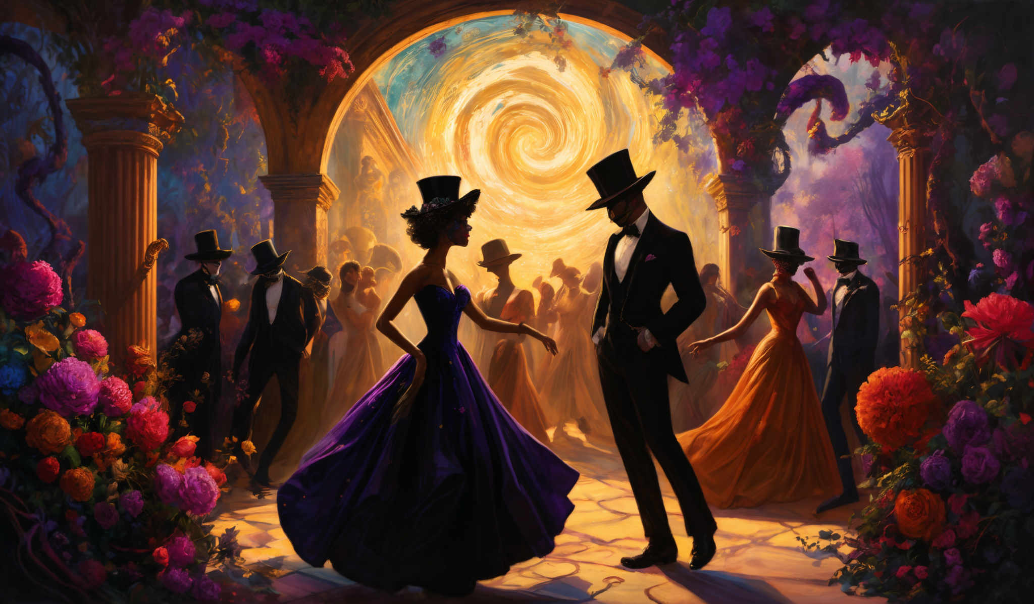 The image showcases a vibrant and colorful scene set in an architectural setting adorned with lush, flowering plants. Dominating the center is a large, ornate archway that frames a radiant, swirling light source. The foreground features two prominently dressed individuals, a woman in a flowing purple gown and a man in a black suit and top hat, both appearing to be engaged in a dance or conversation. Surrounding them are other figures, some in similar formal attire, while others are draped in vibrantly colored fabrics. The entire scene is bathed in a warm, golden light, creating an atmosphere of elegance and celebration.