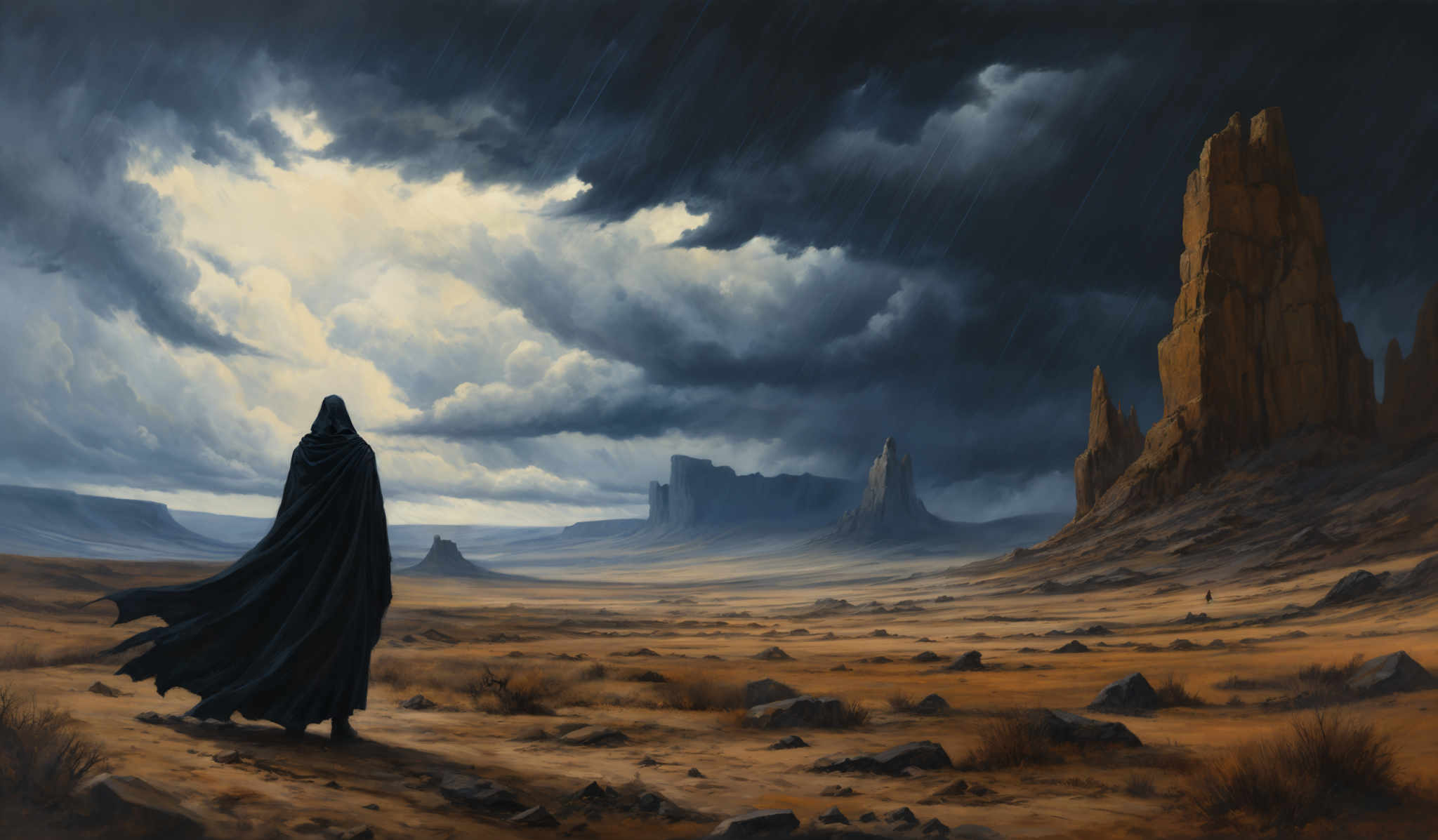 The image showcases a vast desert landscape with towering rock formations. The sky is filled with dark, ominous clouds, suggesting an impending storm. The ground is covered in golden-brown sand with scattered rocks and shrubs. In the foreground, there's a figure draped in a long, flowing cloak, standing with their back to the viewer, looking out over the horizon. The overall mood of the image is dramatic and mysterious.