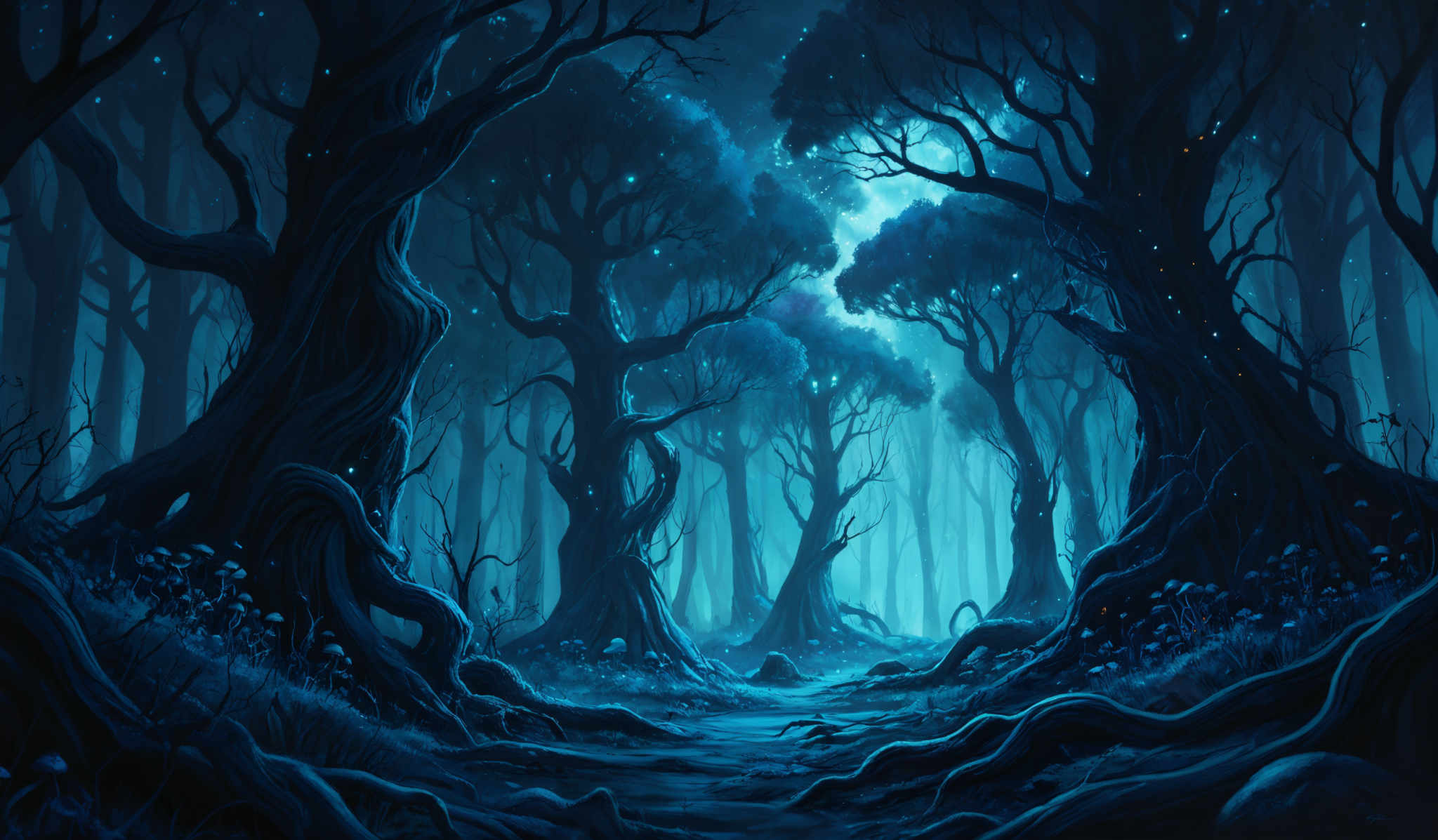 The image showcases a mystical forest with tall, twisted trees. The predominant colors are shades of blue and dark green, creating a serene and enchanting atmosphere. The trees have gnarled and intricate branches, and their roots sprawl across the ground. The forest floor is covered with a soft layer of mist, and there are small glowing spots, possibly representing fireflies or magical entities, scattered throughout. The overall ambiance is one of wonder and enigma.