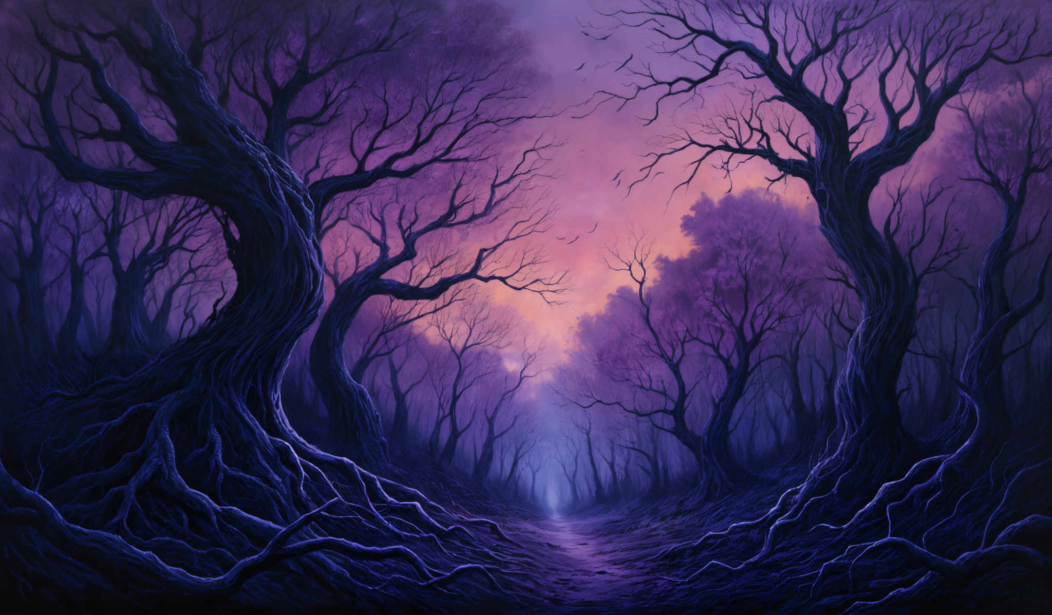 The image showcases a mystical forest with twisted, gnarled trees that have intricate and sprawling roots. The trees have a dark, almost black hue, and their branches are devoid of leaves, giving them a skeletal appearance. The ground is covered with a thick layer of roots and twisted vines, creating a labyrinthine path. The sky above is a gradient of purple and pink, suggesting either a sunrise or sunset. The overall ambiance of the image is eerie and enchanting, with a sense of mystery and wonder.