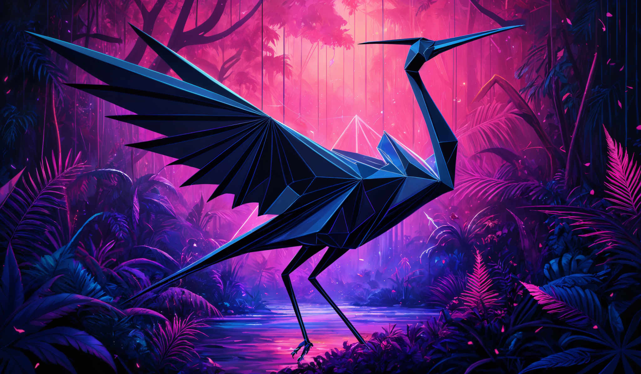 The image showcases a vibrant and colorful scene with a predominant use of purples, pinks, and blues. The central focus is a large, geometric bird, possibly a crane or heron, depicted in a low-poly, crystalline style. The bird has elongated wings and a slender neck, with its body constructed from angular, faceted shapes. The background is a dense forest with tall trees, and there's a serene body of water reflecting the surrounding flora. The entire scene is bathed in a magical, ethereal light, creating a dreamy and otherworldly atmosphere.