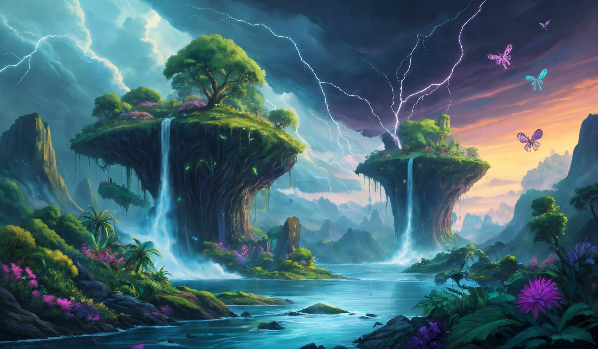 The image showcases a vibrant and mystical landscape. Dominating the scene are two large, tree-like structures with waterfalls cascading from their tops into a serene river below. These structures are surrounded by lush greenery, including various plants, trees, and flowers. Above, the sky is tumultuous with dark clouds, but there are also patches of blue and lightning bolts striking down. The horizon is illuminated with a beautiful sunset, casting a warm orange and pink hue over the scene. There are also several butterflies flying around, adding to the magical ambiance.