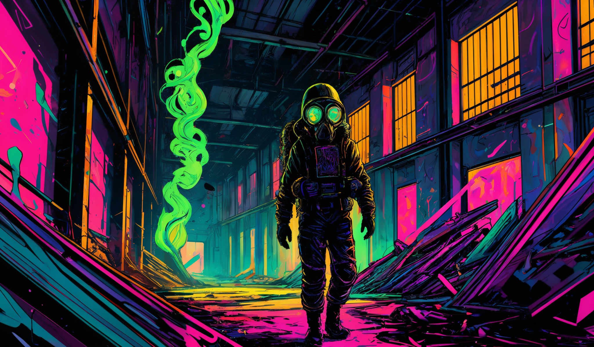 The image showcases a vibrant and neon-colored scene. Dominant colors include shades of pink, blue, and green. The central figure is a person wearing a gas mask and protective clothing, standing amidst a dilapidated urban setting. The background features tall buildings with broken windows, a winding green smoke or fog, and scattered debris on the ground. The overall atmosphere is post-apocalyptic or dystopian, with a mix of technological and natural elements.