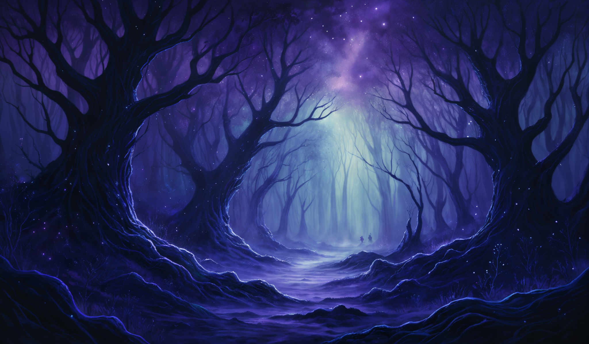 The image showcases a mystical forest with a dominant purple and blue hue. The trees have gnarled and twisted branches, and their roots are intricately detailed, giving them an almost sentient appearance. The ground is covered with a soft, luminescent mist, and there are numerous glowing specks scattered throughout, possibly representing fireflies or magical entities. In the distance, a silhouette of a person can be seen, standing amidst the ethereal beauty of the forest, adding a sense of scale and wonder to the scene.