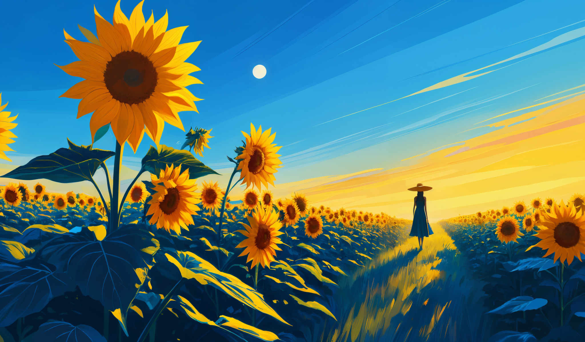 The image showcases a vibrant sunflower field during sunset. The sunflowers are large, with bright yellow petals and dark brown centers. The leaves are dark green and appear to be slightly wrinkled. The sky is painted in hues of blue, orange, and yellow, indicating the setting sun. There's a solitary figure, possibly a woman, wearing a hat and a long dress, walking through the sunflowery field. The figure's silhouette is cast against the warm backdrop of the sunset, creating a serene and contemplative atmosphere.