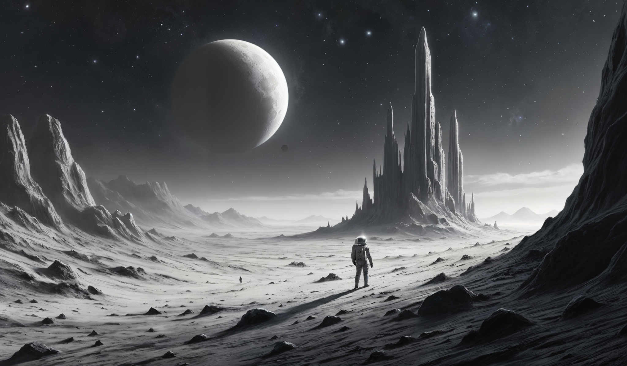 The image predominantly features shades of gray, white, and black. The landscape is rugged with sharp, jagged mountains and valleys. The ground appears to be covered in a fine, powdery substance, possibly sand or dust. In the foreground, there's a lone figure, possibly an astronaut, standing and observing the vastness of the scene. The sky is filled with stars, and there're two prominent celestial bodies: a large moon and a distant planet. A tall, towering structure, possibly a futuristic city or monument, stands prominently in the middle ground.