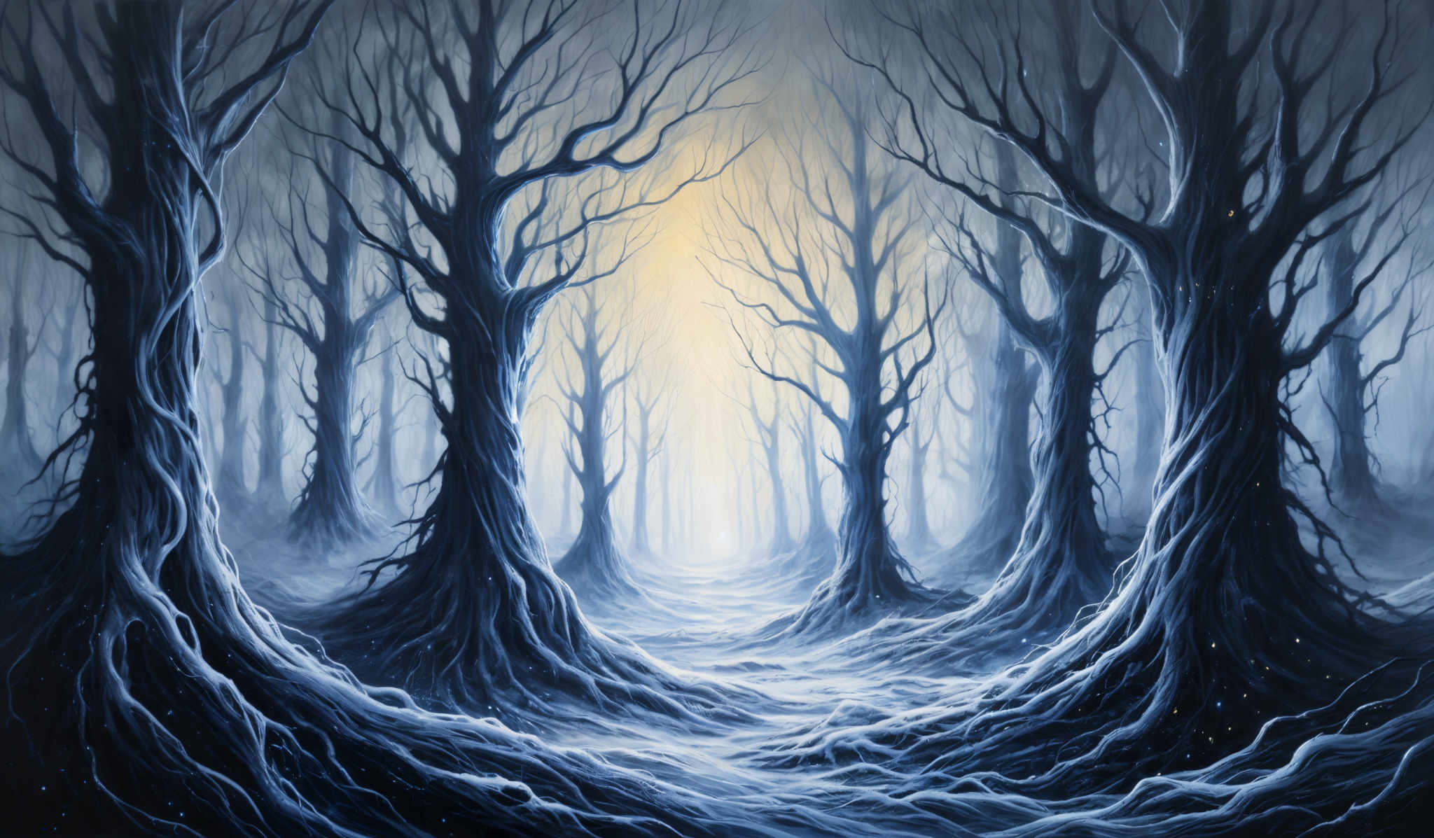 The image showcases a dark, eerie forest with tall, twisted trees. The trees have gnarled and intricate branches, and their roots are prominently displayed, sprawling across the ground. The forest floor is covered in a thick layer of snow or frost, giving it a cold and misty appearance. A soft, golden light permeates the background, creating a contrast with the dark silhouettes of the trees. This light seems to be emanating from a distant source, possibly suggesting a path or a source of hope amidst the desolation.