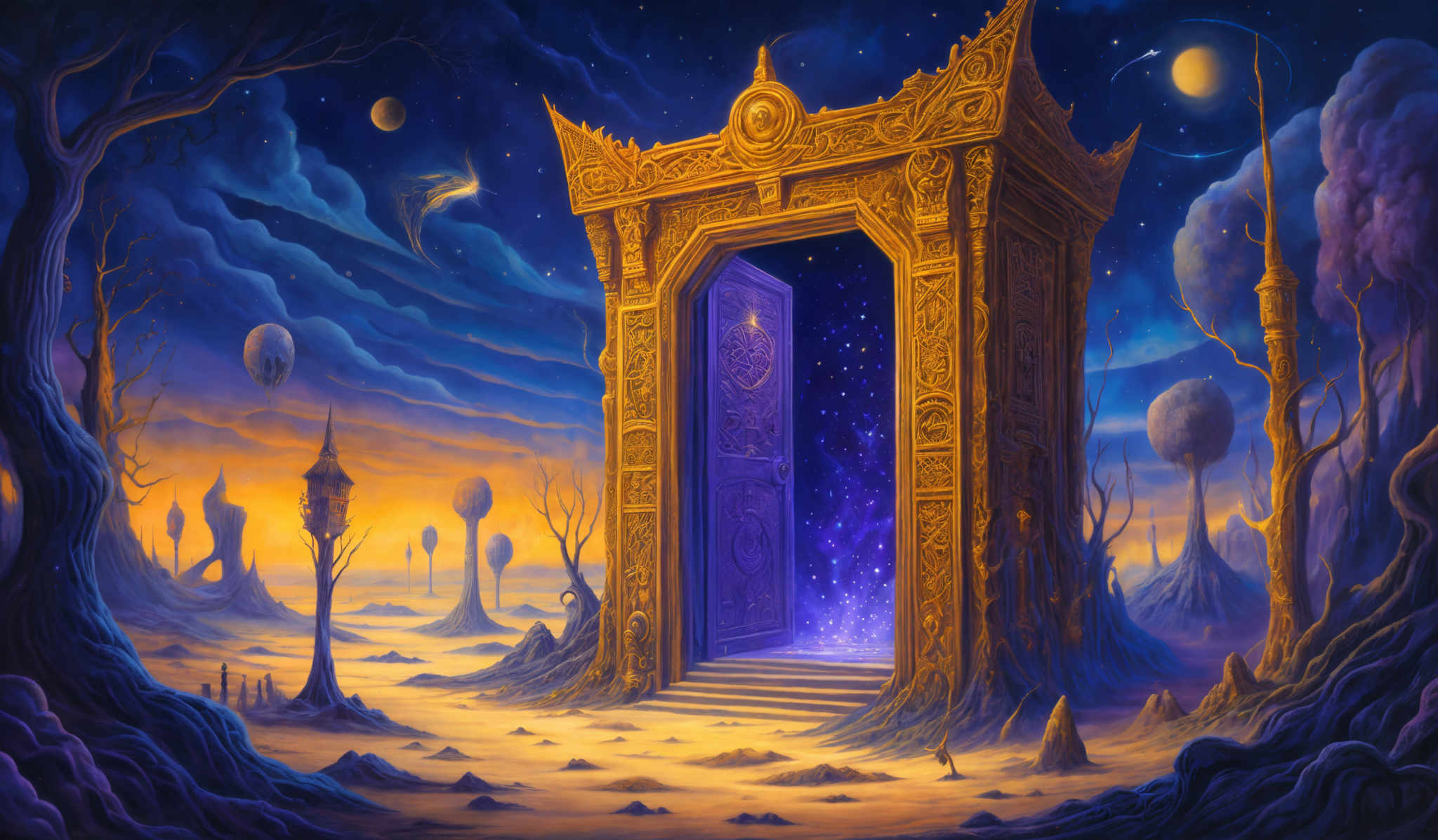 The image showcases a vibrant and mystical landscape. The dominant colors are deep blues, purples, and golden yellows. The landscape features an ornate, golden gate with intricate carvings, standing tall amidst a barren landscape. To the left, there are twisted, gnarled trees with hanging moss and a few floating islands in the sky. The ground is covered in sand with scattered rocks and a lone lantern post. The sky is filled with swirling clouds, and there are multiple celestial bodies, including planets and moons, visible. A radiant, starry portal is seen within the gate, emanating a purple glow.