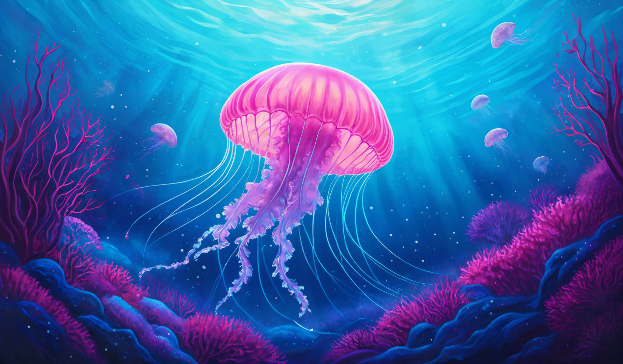 The image showcases a vibrant underwater scene. Dominating the center is a large, translucent jellyfish with a radiant pink hue, its delicate tentacles trailing gracefully downwards. Surrounding the jelly fish are smaller jellyfishe, floating in the deep blue waters. The seabed is adorned with vivid purple and blue coral formations, which appear to be illuminated by an unseen light source. Above the jellies, the water is a deeper shade of blue, with light rays filtering down, creating a mesmerizing effect.