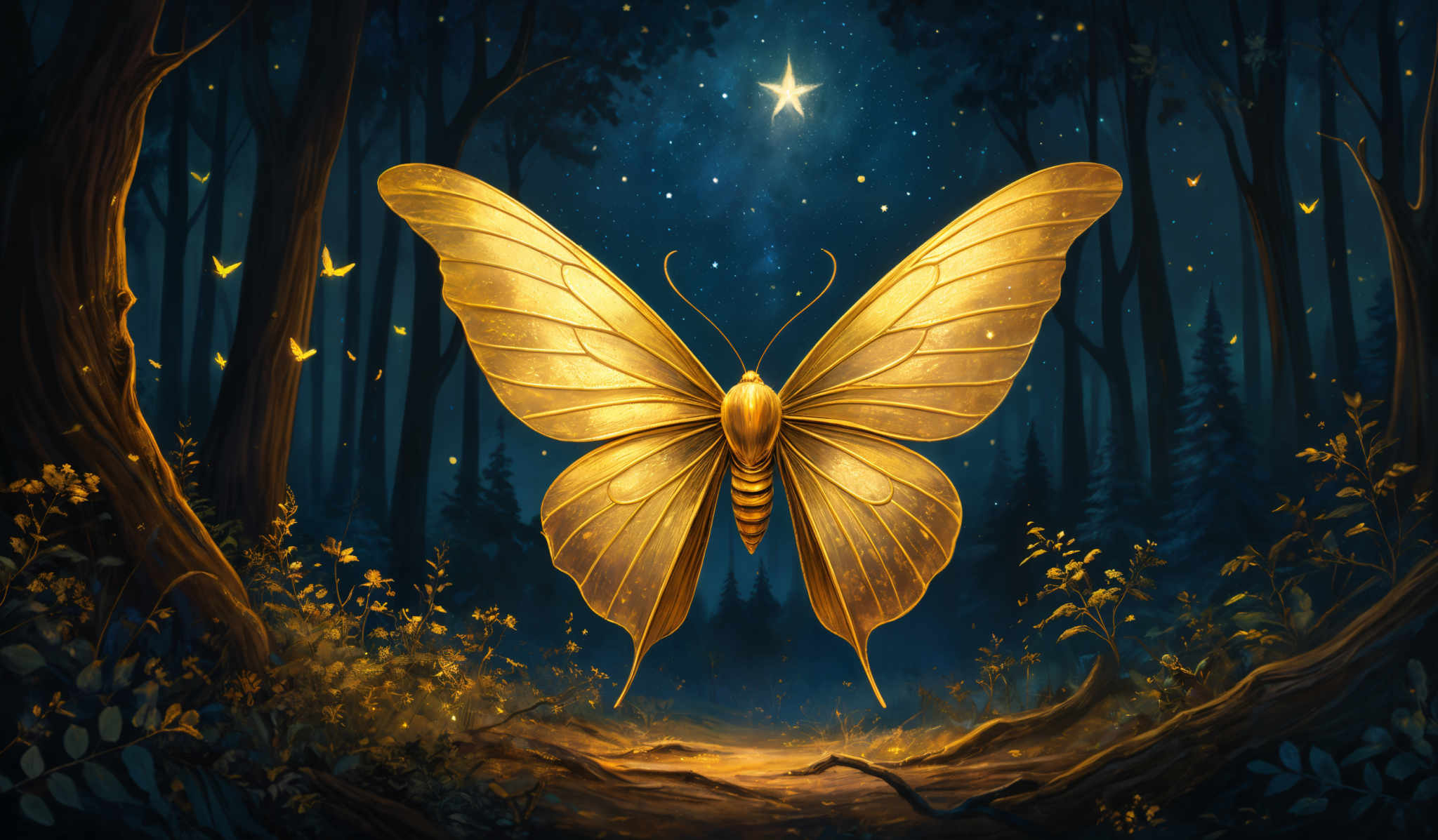 The image showcases a vibrant nighttime forest scene. Dominating the center is a large, luminescent butterfly with golden wings that appear to be made of a shimmering material. The butterflies surrounding it are smaller and also glowing, adding to the magical ambiance. The forest is dense with tall trees whose trunks are illuminated from below, creating an eerie glow. The ground is covered with foliage, and there's a pathway leading towards the butterly. Above, the sky is dark with a single bright star shining, casting a light that illuminates the entire scene.