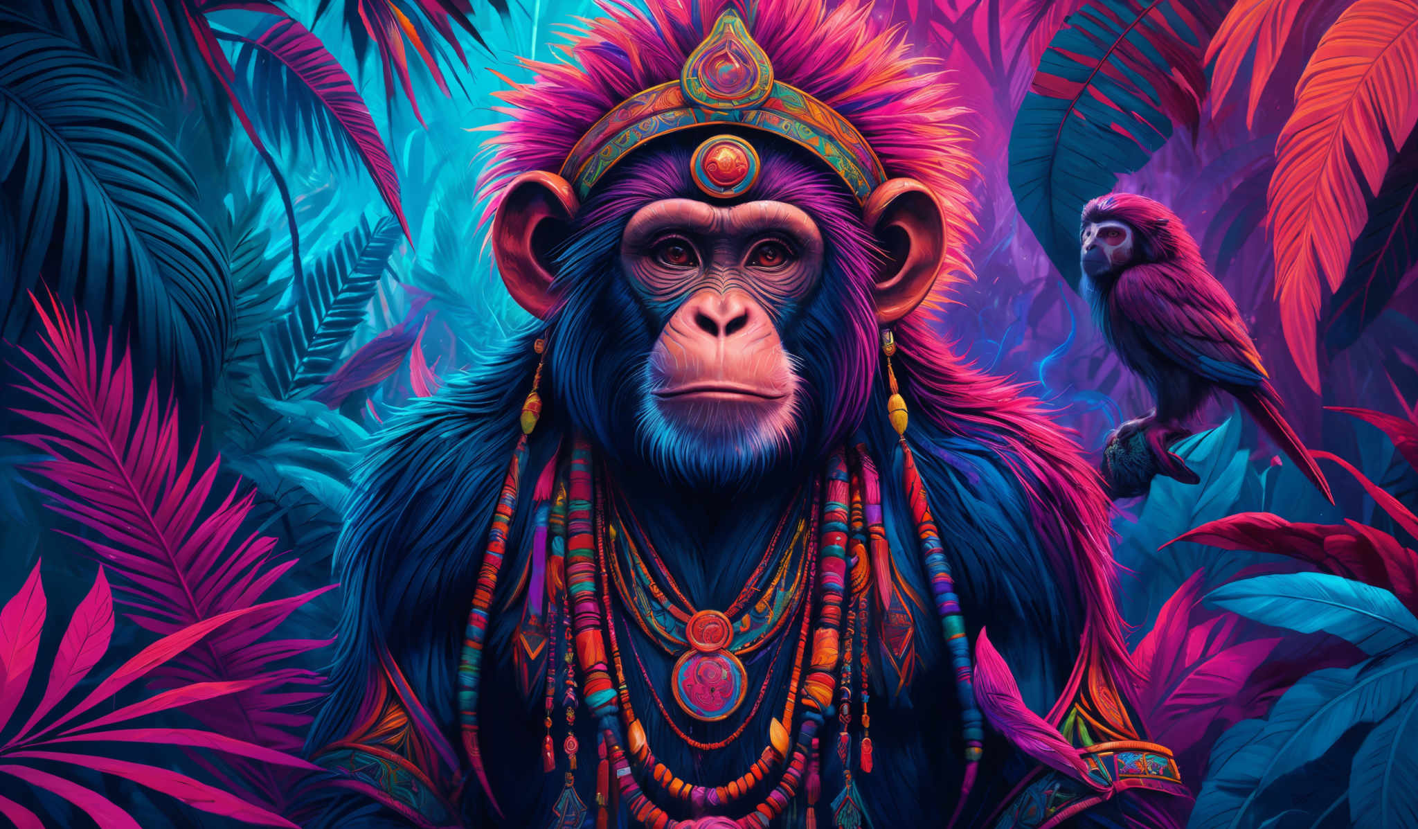 The image showcases a vibrant and colorful depiction of a chimpanzee adorned with ornate jewelry and a decorative headdress. The chimp is surrounded by a dense forest backdrop with large, vividly colored leaves in shades of blue, pink, and purple. To the right of the chimp, there's a small bird perched on a branch. The overall ambiance of the image is mystical and ethereal, with the chime's gaze appearing deep and contemplative.