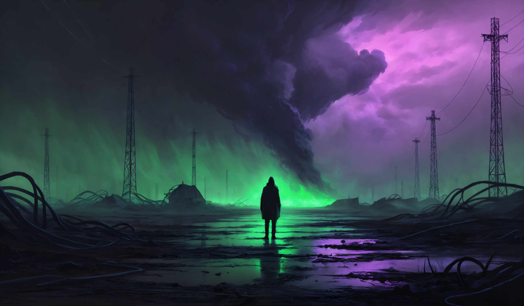 The image predominantly features a range of dark and moody colors, with shades of purple, green, and black. The sky is filled with ominous, swirling clouds that are tinged with a vibrant green hue, possibly indicating some form of radiation or otherworldly energy. In the foreground, there's a lone figure standing with their back to the viewer, looking towards the horizon. The ground is wet and reflective, with puddles of water scattered around. There are also several tall electricity pylons, some of which appear to be damaged or twisted. The overall atmosphere of the image is one of desolation, mystery, and perhaps a hint of foreboding.