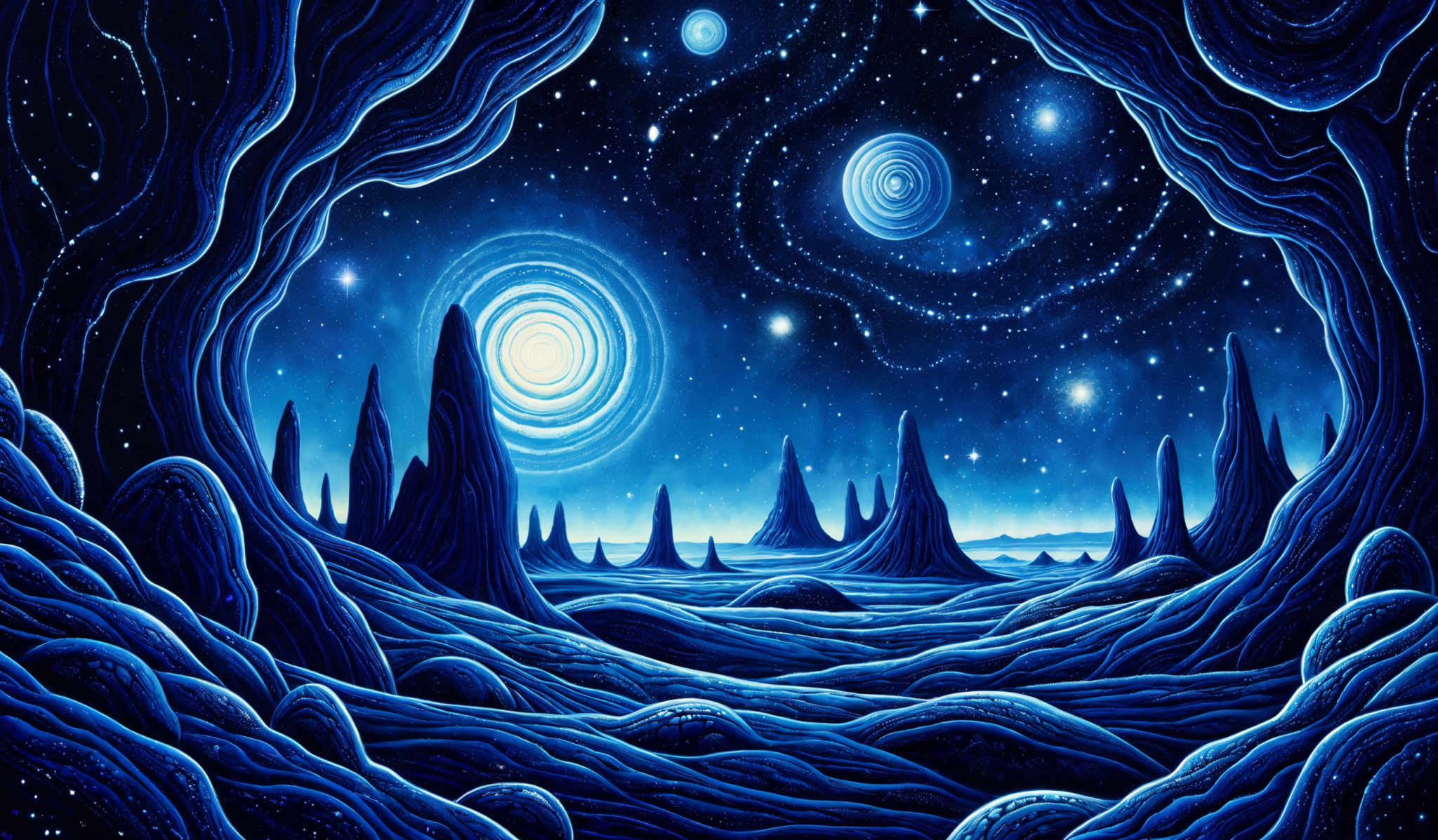 The image showcases a vibrant and mesmerizing cosmic landscape. Dominated by deep blues and blacks, the scene is set against a backdrop of a starry night sky. The foreground features wavy, undulating patterns that resemble alien terrain or an otherworldly cave. These patterns are in varying shades of blue, creating a sense of depth and texture. Above, the sky is dotted with numerous stars, some of which are spiraling, giving the impression of a galaxy or nebula. There are also two prominent celestial bodies, one with a spiraling pattern and the other appearing as a bright, glowing orb. The overall ambiance of the image is both mysterious and awe-inspiring.