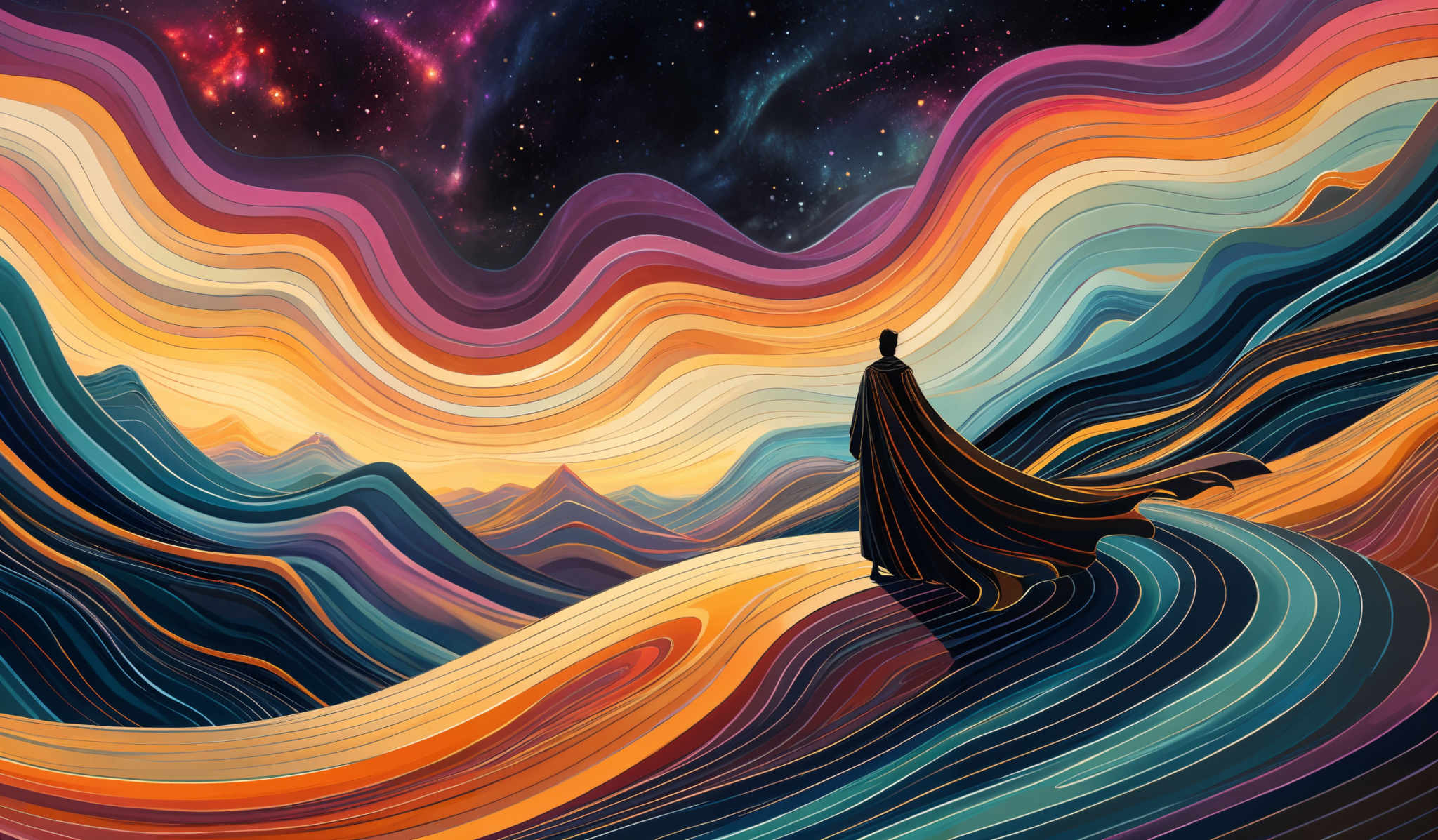 The image showcases a vibrant and colorful landscape with layered, wavy patterns that resemble flowing water or sand dunes. The colors range from deep blues and purples to bright oranges, yellows, and reds. The wavy lines create a sense of depth and movement. In the foreground, there's a silhouette of a person standing, looking out at the vastness of the landscape. The person's outline is dark, contrasting with the colorful background. Above, the sky is filled with stars, adding to the ethereal and dreamlike quality of the scene.