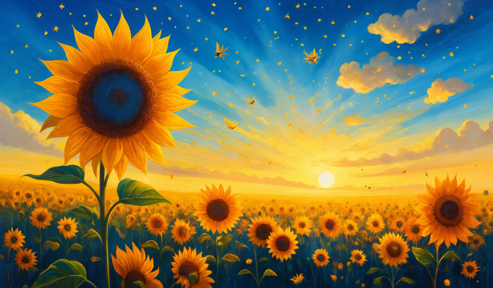 The image showcases a vibrant sunflower field during sunset. The dominant color is a rich golden-yellow, representing the sunflowers and the setting sun. The sky is painted in shades of blue, transitioning from a deep blue at the top to a golden hue near the horizon. There are fluffy white clouds scattered across the sky, and the sun is depicted as a bright, glowing orb, casting a warm golden light over the entire scene. The sunflowERS are large, with bright yellow petals and dark brown centers. They are shown in various stages of bloom, with some fully open and others still budding. The field stretches out to the horizon, and there are small yellow particles, possibly representing sunlight or falling petals, scattered throughout.