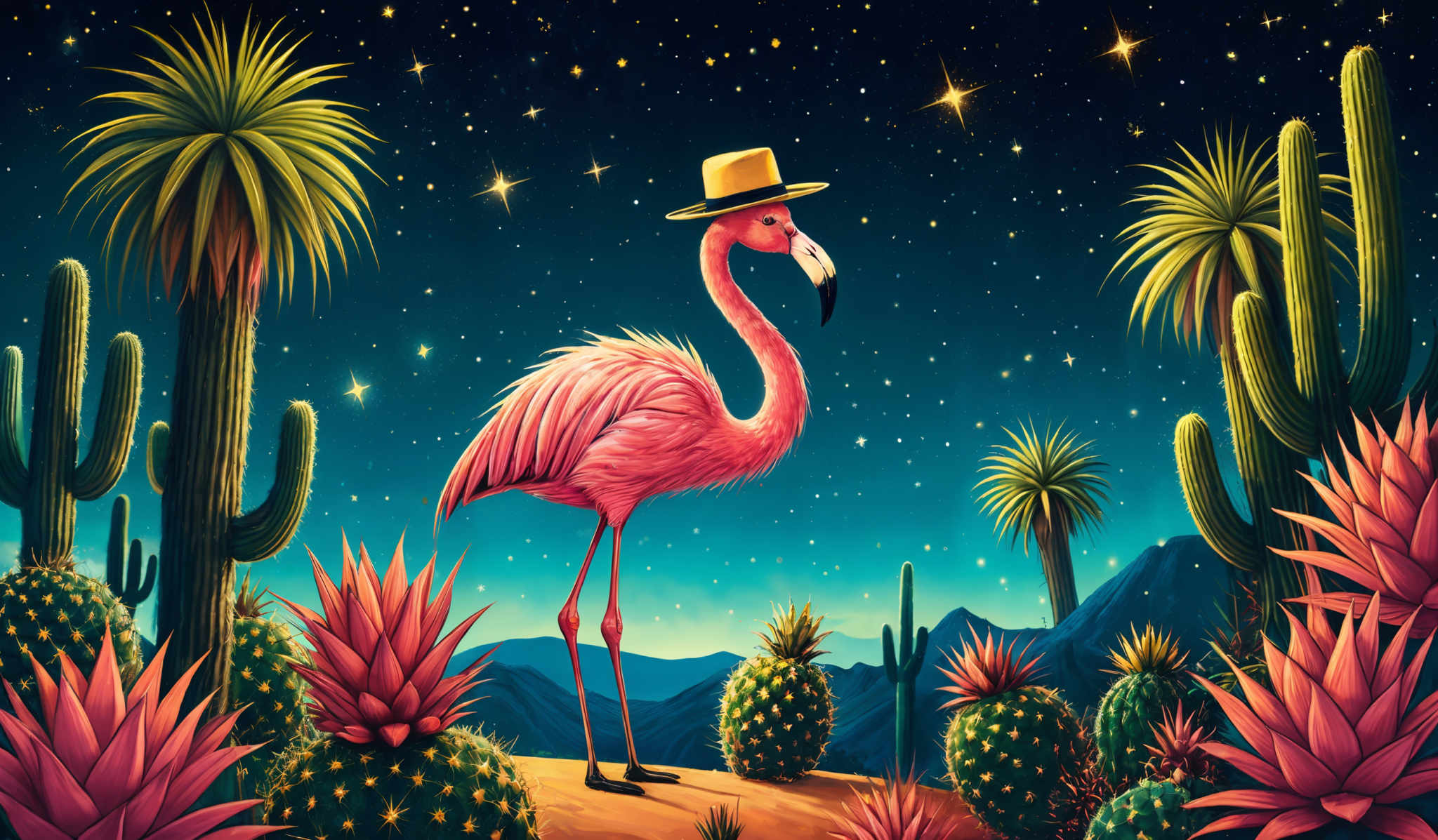 The image showcases a vibrant nighttime landscape. The sky is a deep blue, dotted with numerous shining stars. Dominating the scene are tall, green cacti with distinctive spines. In the foreground, there's a flamingo, standing tall and wearing a yellow hat. The flamingos are pink with long legs and a curved beak. The ground is adorned with various types of cactus, including one with pink flowers. The overall color palette is rich with blues, greens, and pinks, creating a surreal and dreamy atmosphere.