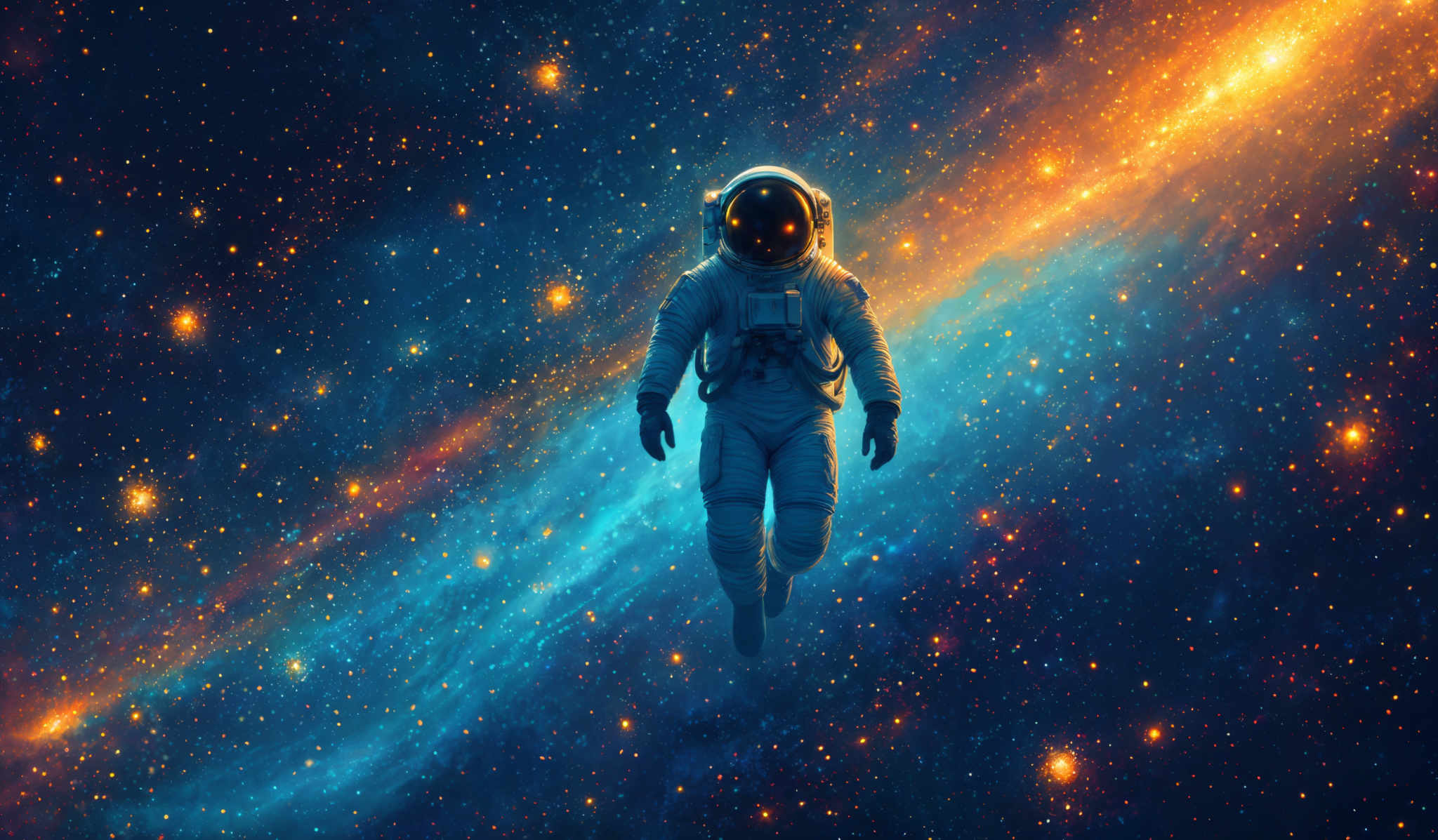 The image showcases a vast expanse of space filled with vibrant colors. Dominating the background are deep blues and fiery oranges, representing a galaxy or nebula. The central figure is an astronaut, floating in space, donning a white spacesuit with a reflective visor. The astronaut appears to be in a floating position, with no visible propulsion system, emphasizing the weightlessness of space.