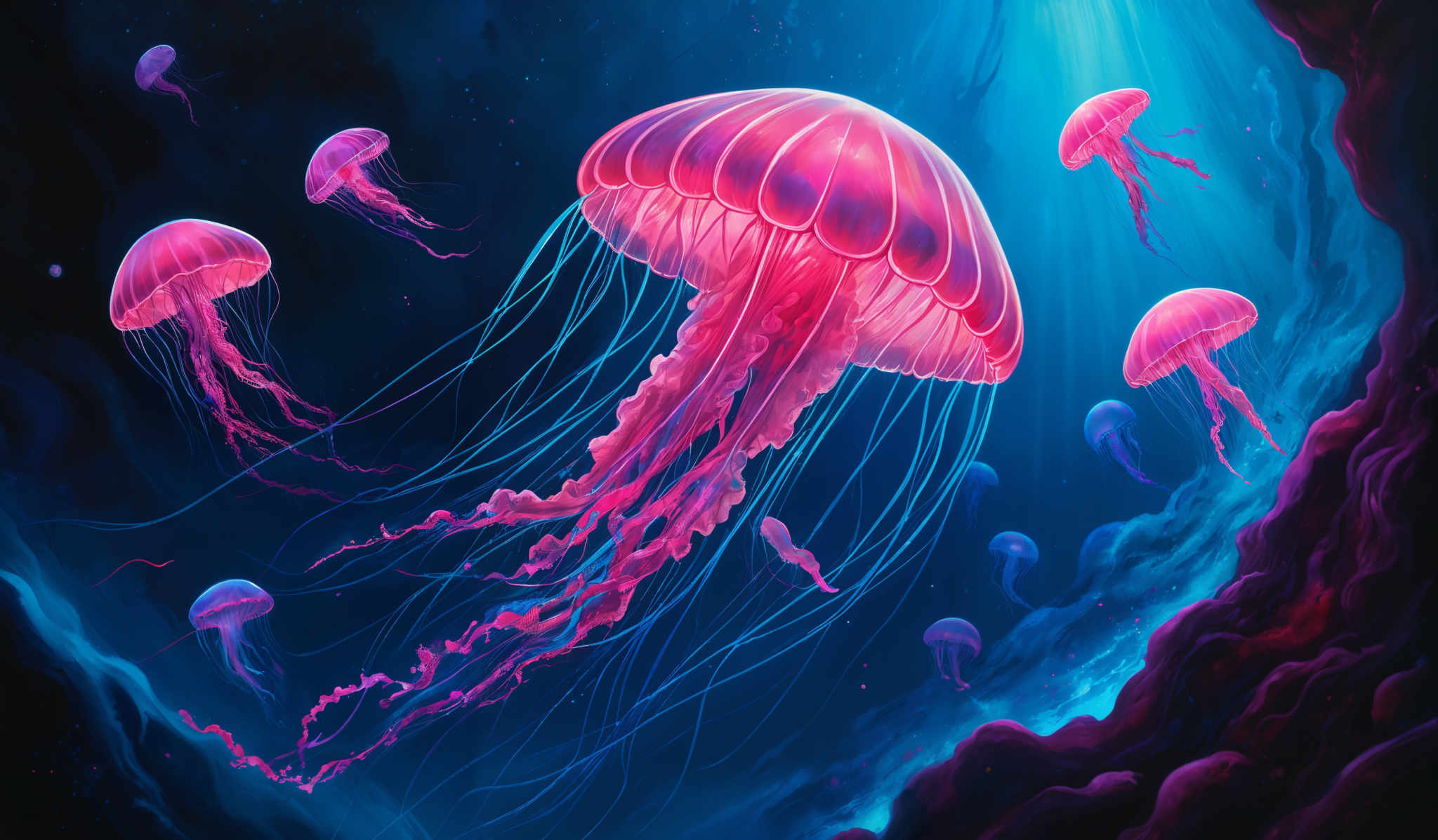 The image showcases a vibrant and mesmerizing underwater scene dominated by luminescent jellyfish. The jelly fish have a translucent, almost ethereal quality with hues of pink and blue. Their long, delicate tentacles flow gracefully, illuminated by an underlying light source that casts a deep blue glow throughout the scene. The background is a mix of deep blues and purples, giving an impression of the vastness of the ocean. There are also smaller, distant jelly forms and a hint of marine flora, adding depth and dimension to the scene, making it appear as though the viewer is submerged in this magical underwater realm.