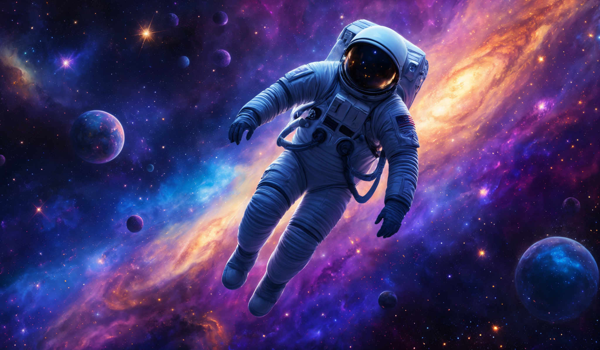 The image showcases a vibrant cosmic scene with a myriad of colors ranging from deep purples and blues to fiery oranges and yellows. Dominating the center is an astronaut floating amidst the vastness of space, surrounded by various celestial bodies like planets and stars. The astronaut is wearing a full spacesuit with a reflective visor, and the suit is adorned with patches and equipment. The backdrop is a breathtaking display of nebulae, galaxies, and star clusters, creating a sense of wonder and vastness.