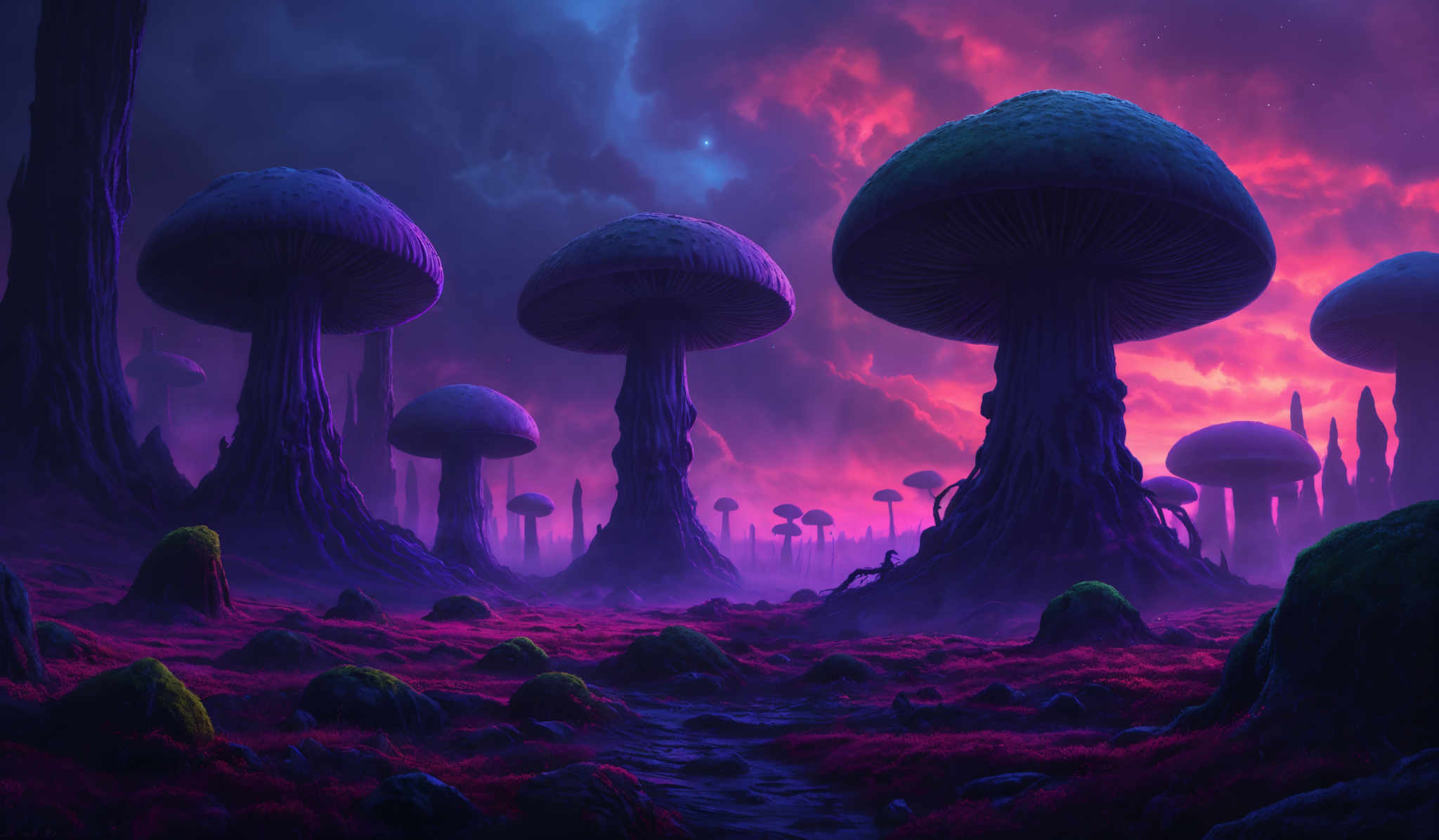 The image showcases a surreal landscape dominated by gigantic mushrooms. These mushroom structures have a rounded cap with a textured surface and a long, slender stem. The landscape is bathed in a vibrant mix of purples, blues, and reds, creating a dreamy and otherworldly atmosphere. The ground is covered in what appears to be a red, velvety substance, interspersed with green moss-covered rocks. In the background, there are tall, slim rock formations that reach upwards, contrasting with the vastness of the mushrooms. The sky is a deep shade of blue with hints of pink and red, suggesting either a sunrise or sunset.