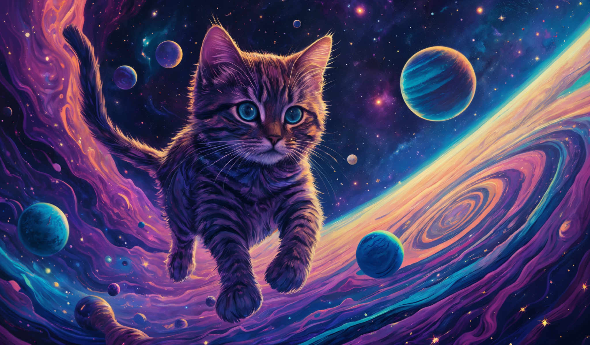 The image showcases a vibrant and colorful cosmic setting. Dominating the scene is a large feline creature, possibly a cat, with striking blue eyes. The cat appears to be floating amidst a swirl of vividly colored nebulae and galaxies. Surrounding the cat are various celestial bodies, including planets and moons, each with its unique color and size. The backdrop is a mesmerizing blend of purples, blues, and pinks, creating an ethereal and dreamlike atmosphere.