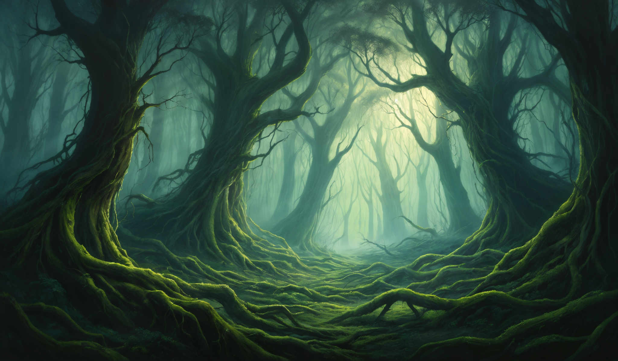 The image showcases a dense, mystical forest with towering, twisted trees. The trees have gnarled and intricate roots that sprawl across the ground. The forest floor is covered in moss and ferns, giving it a damp and ancient appearance. The color palette is dominated by shades of green, with hints of blue and gray, creating an ethereal and otherworldly atmosphere. The light filtering through the trees creates a soft glow, illuminating the scene and adding to its enchantment.