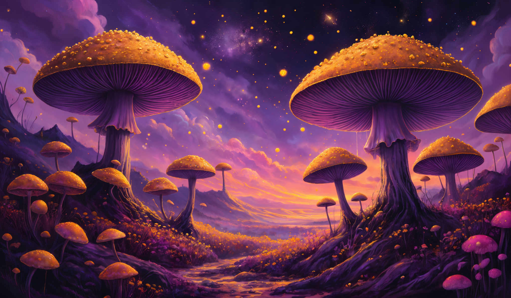 The image showcases a vibrant and surreal landscape dominated by large, oval-shaped mushrooms. These mushroom caps are golden with speckled patterns, and their stems are slender and dark. The background is a mesmerizing blend of purples, pinks, and oranges, suggesting a twilight or sunset setting. The sky is dotted with glowing orbs, and there's a sense of depth with mountains and valleys faintly visible in the distance. The entire scene exudes a dreamy, fantastical ambiance.