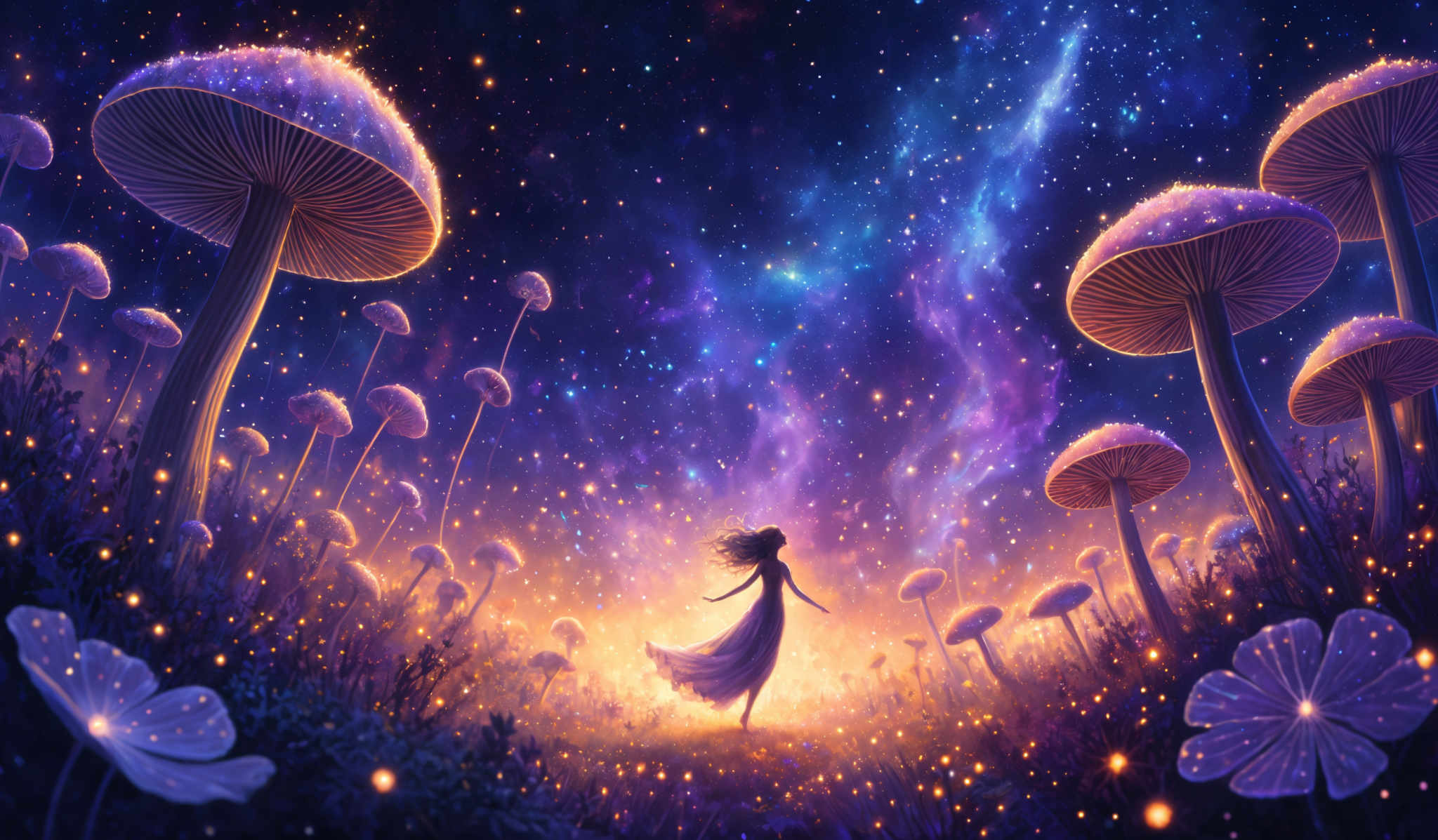 The image showcases a vibrant and dreamy night scene. Dominating the scene are large, whimsical mushrooms with luminescent caps that glow in a warm, golden hue. These mushroom caps are adorned with sparkling specks, giving them an ethereal appearance. The background is a mesmerizing blend of deep blues and purples, representing a starry night sky. There's also a silhouette of a female figure, possibly a dancer, gracefully twirling amidst the mushrooms, her long flowing dress illuminated by the same glowing light as the moss beneath her feet. The entire scene is dotted with glow-in-the-dark flowers, adding to the magical ambiance.