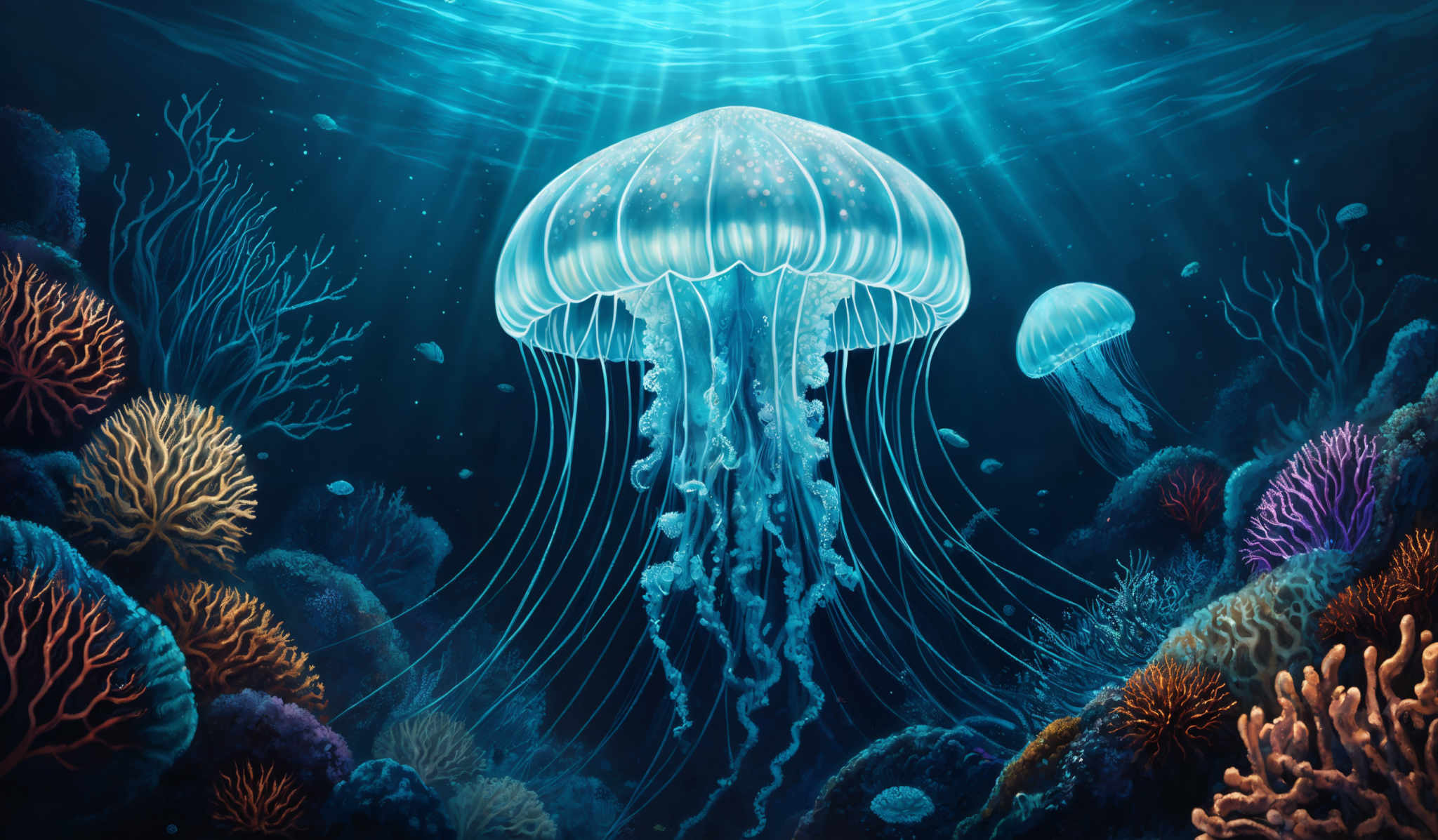 The image showcases a vibrant underwater scene. The dominant color is a deep blue, representing the vastness of the ocean. There are two jellyfish, one larger and one smaller, both glowing in a luminescent blue hue. The larger jelly fish has a dome-shaped umbrella-like top with delicate, long tentacles trailing below. The smaller jelly is positioned slightly to the right. The ocean floor is adorned with a variety of corals in different shapes and colors, including reds, purples, and oranges. There's also a small fish swimming near the larger jelLYfish. The entire scene is illuminated by rays of light filtering from the surface, creating a serene and mystical atmosphere.