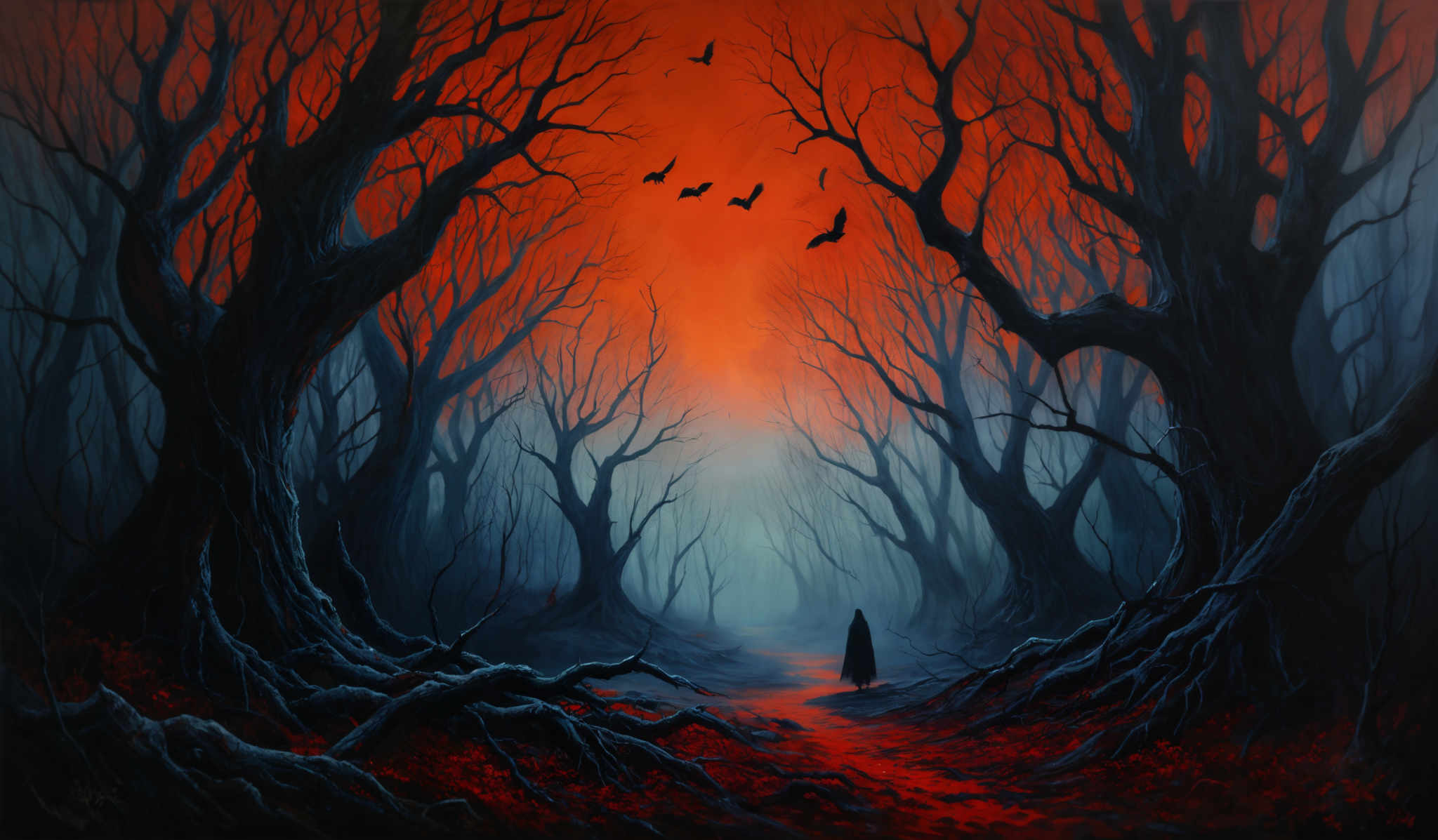 The image showcases a dark and eerie forest with gnarled, twisted trees. The sky is dominated by a vivid orange hue, possibly indicating a sunset or sunrise. Silhouettes of birds can be seen flying in the sky. The ground is covered with fallen leaves, and the pathway is illuminated with a soft blue light, contrasting with the dark surroundings. On the right side of the image, there's a lone figure, possibly a person, walking away from the viewer, adding to the mysterious ambiance of the scene.