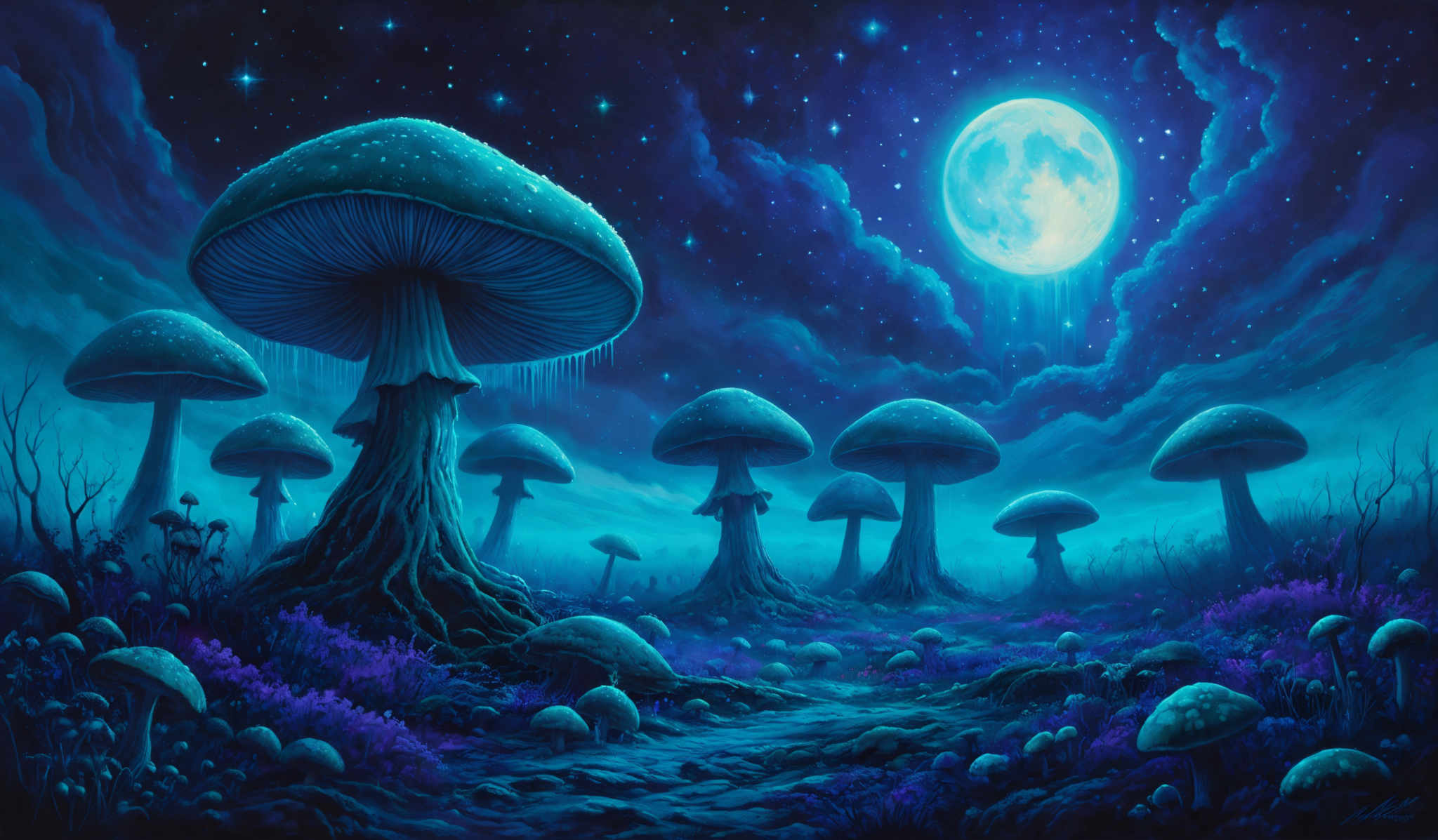 The image showcases a surreal and mystical nighttime landscape. Dominating the scene are large, mushroom-like structures that tower over the ground. These mushrooms have a luminescent glow, with some exhibiting droplets that appear to be water or dew. The background is painted in deep shades of blue and purple, with a radiant moon illuminating the sky. The moon casts a soft glow on the clouds, creating a dreamy atmosphere. The ground is scattered with smaller mushroots and patches of vibrant purple flowers, adding to the enchanting ambiance.